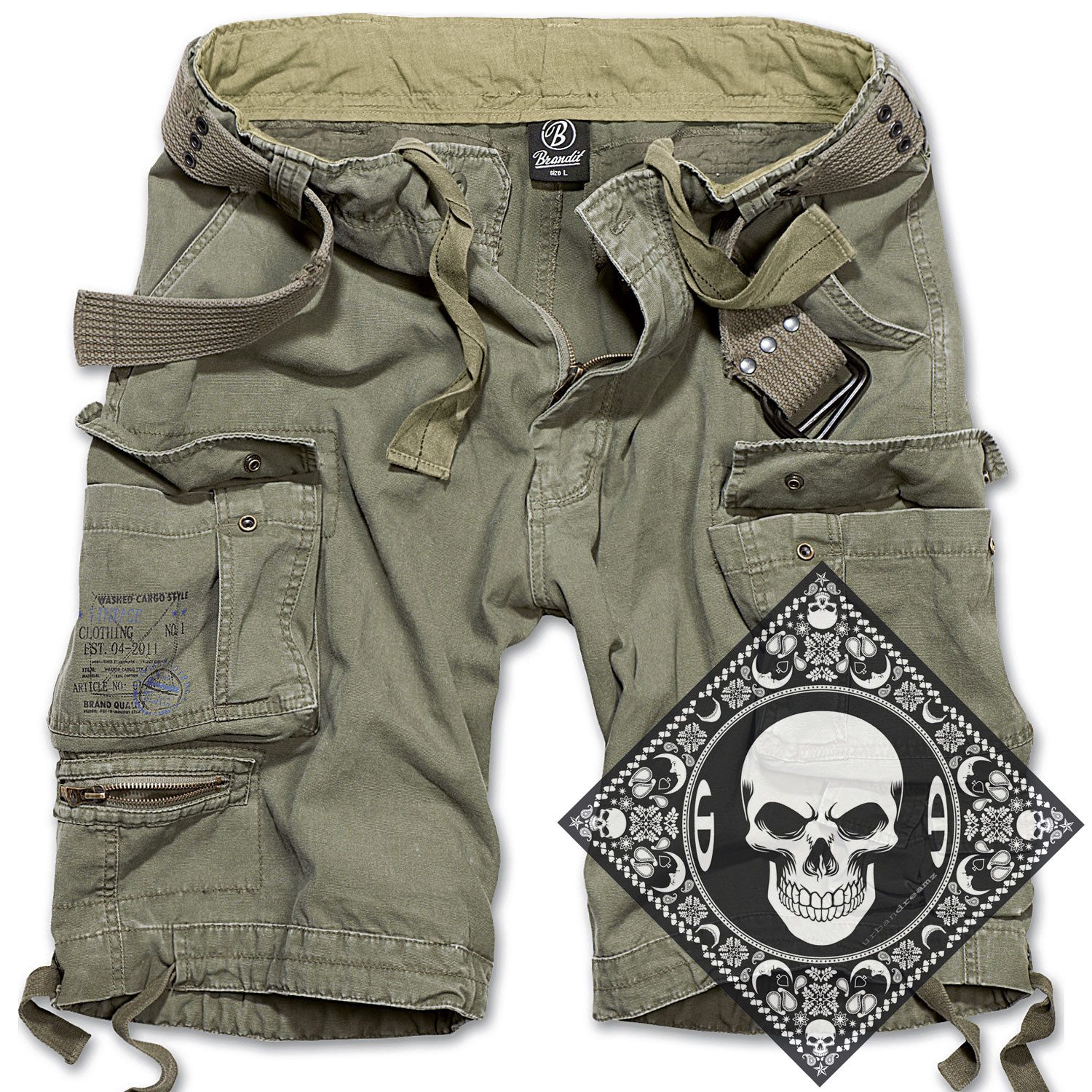 Brandit Cargoshorts Cargo Shorts kurze Hose robust schwere Qualität mit UD Bandana