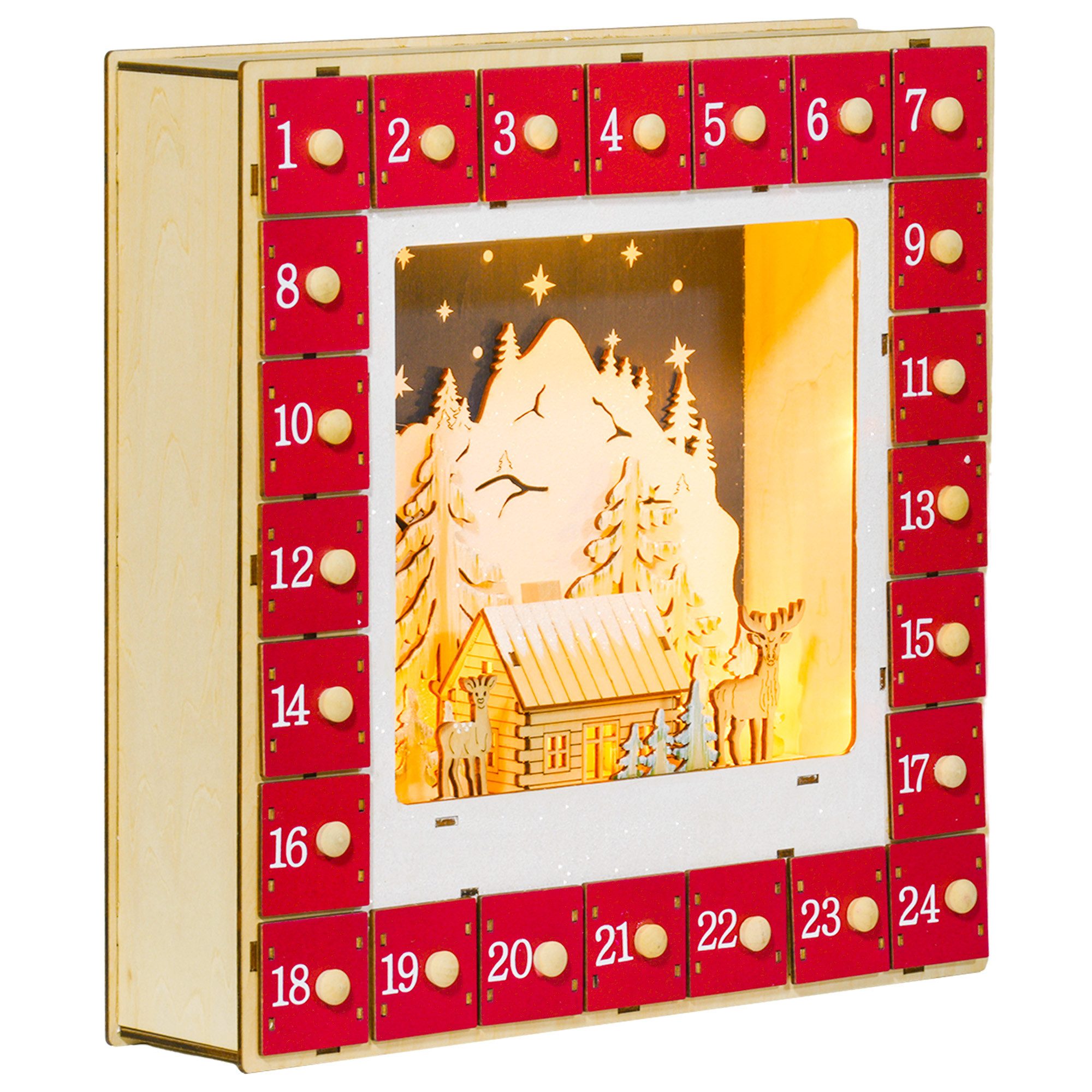 HOMCOM Weihnachtsdorf Adventskalender zum Befüllen, 24 Schubladen Fächer, mit LED-Lichtern, DIY MDF 34 x 7 x 34 cm Rot
