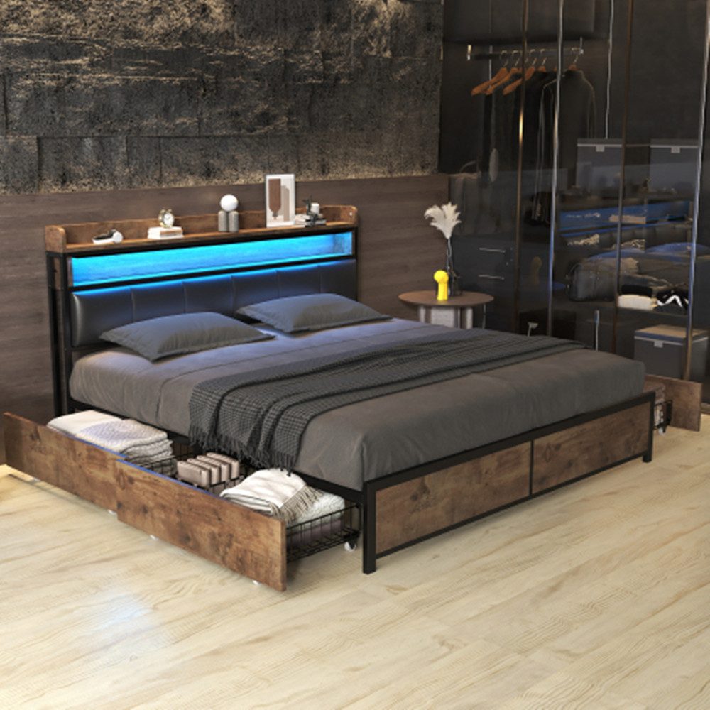 XDeer Polsterbett Polsterbett mit Lattenrost und Kopfteil, LED-Bett, Jugendbett, mit 4 Schubladen,Jugendliche, Einfache Montage, 180*200