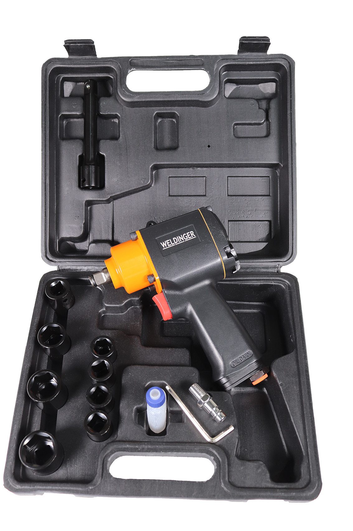 WELDINGER Spiralbohrer Druckluft Mini-Schlagschrauber 13-tlg Schlagkraft 520 Nm 220 l/min, (Set, 13-tlg., Transportkoffer), auch für Standard-Schlagnüsse
