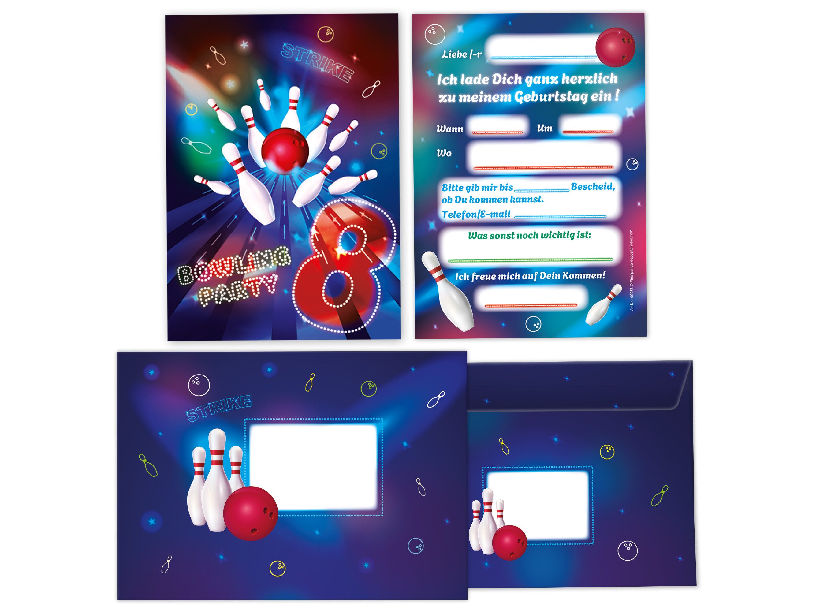 Einladungskarten Bowling zum 8. Geburtstag Mädchen Jungen Einladungen mit Umschlägen