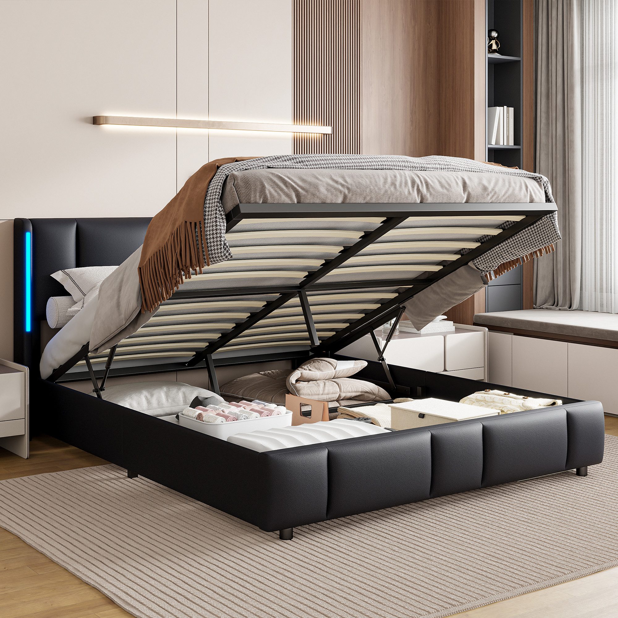 FUROKOY Stauraumbett Polsterbett Doppelbett mit LED-Beleuchtung günstig online kaufen