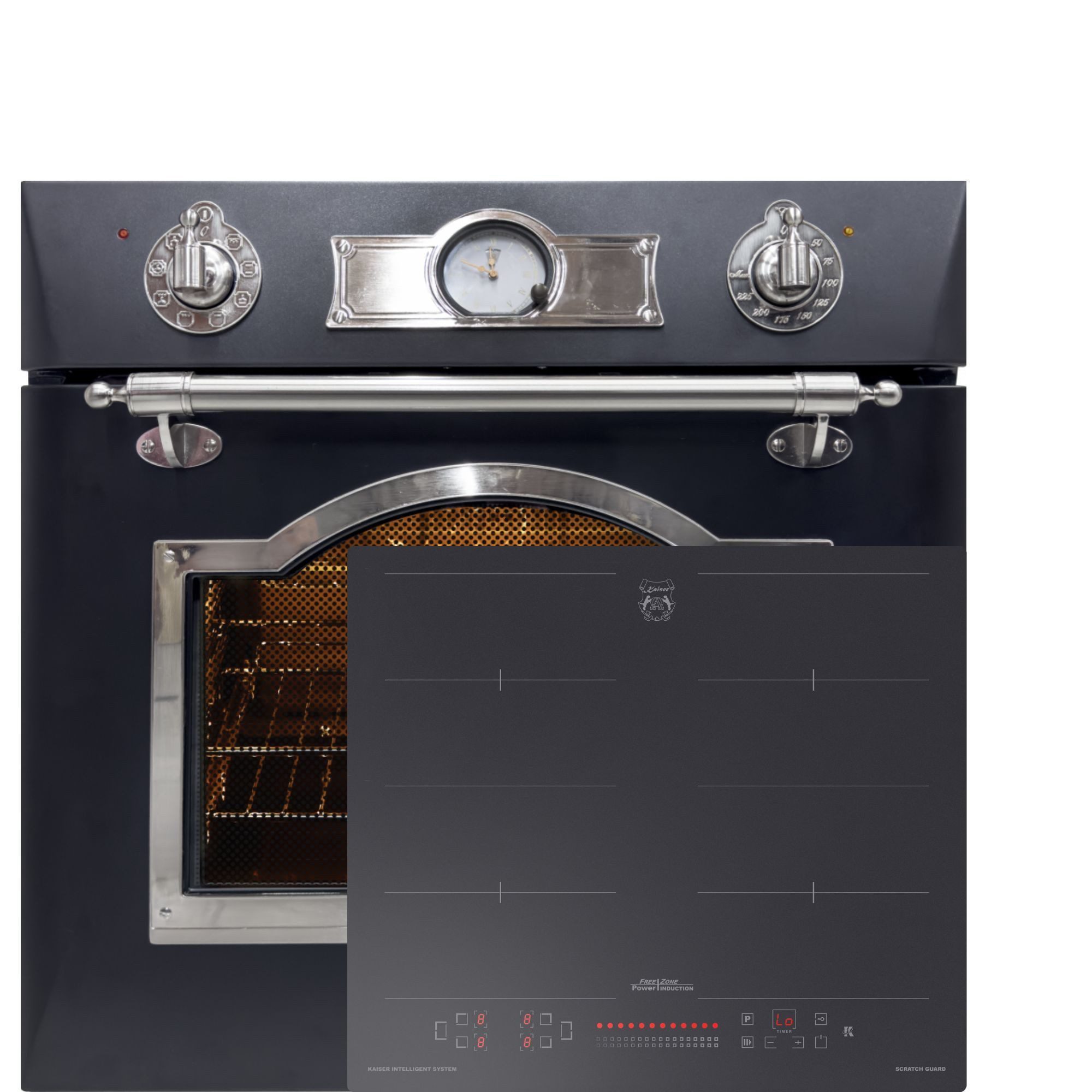 Kaiser Küchengeräte Backofen-Set Herd Set Autark Elektro Backofen 60 cm Autark, Teleskop-System, 67L, 8 Funktionen, Emaille-Farbe Anthrazit, Dekor Metall Silber Exklusiver Retro Backofen+Induktions Kochfeld Autark Herd Power Booster 60 cm Anti Scratch/ matt EH 6355 Em Sil+KCT 6110 FI.., mit 1-fach-Teleskopauszug