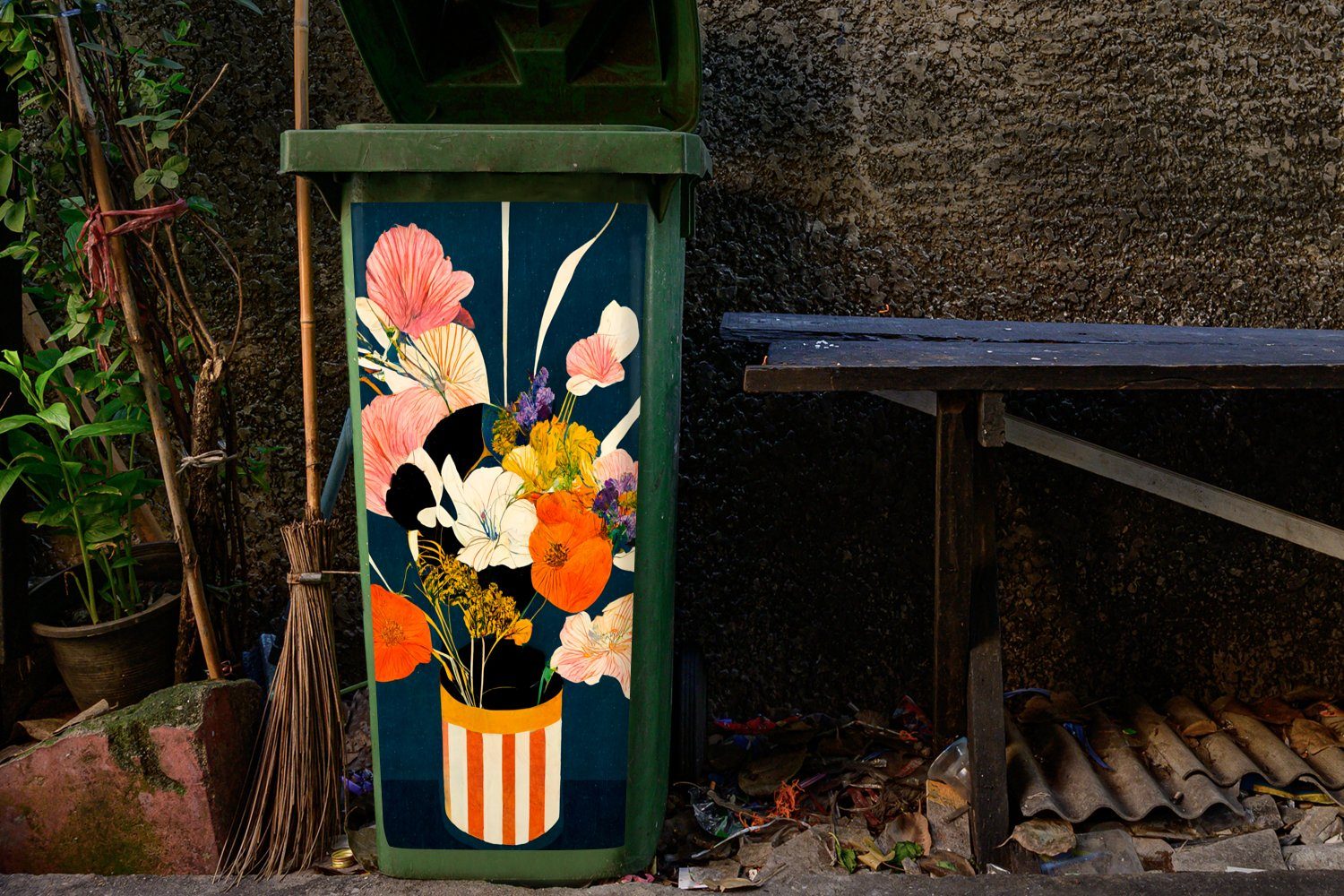 Abfalbehälter Vase - Mülltonne, Wandsticker MuchoWow Malerei Mülleimer-aufkleber, - (1 Container, Sticker, Pflanzen St), - Blumen