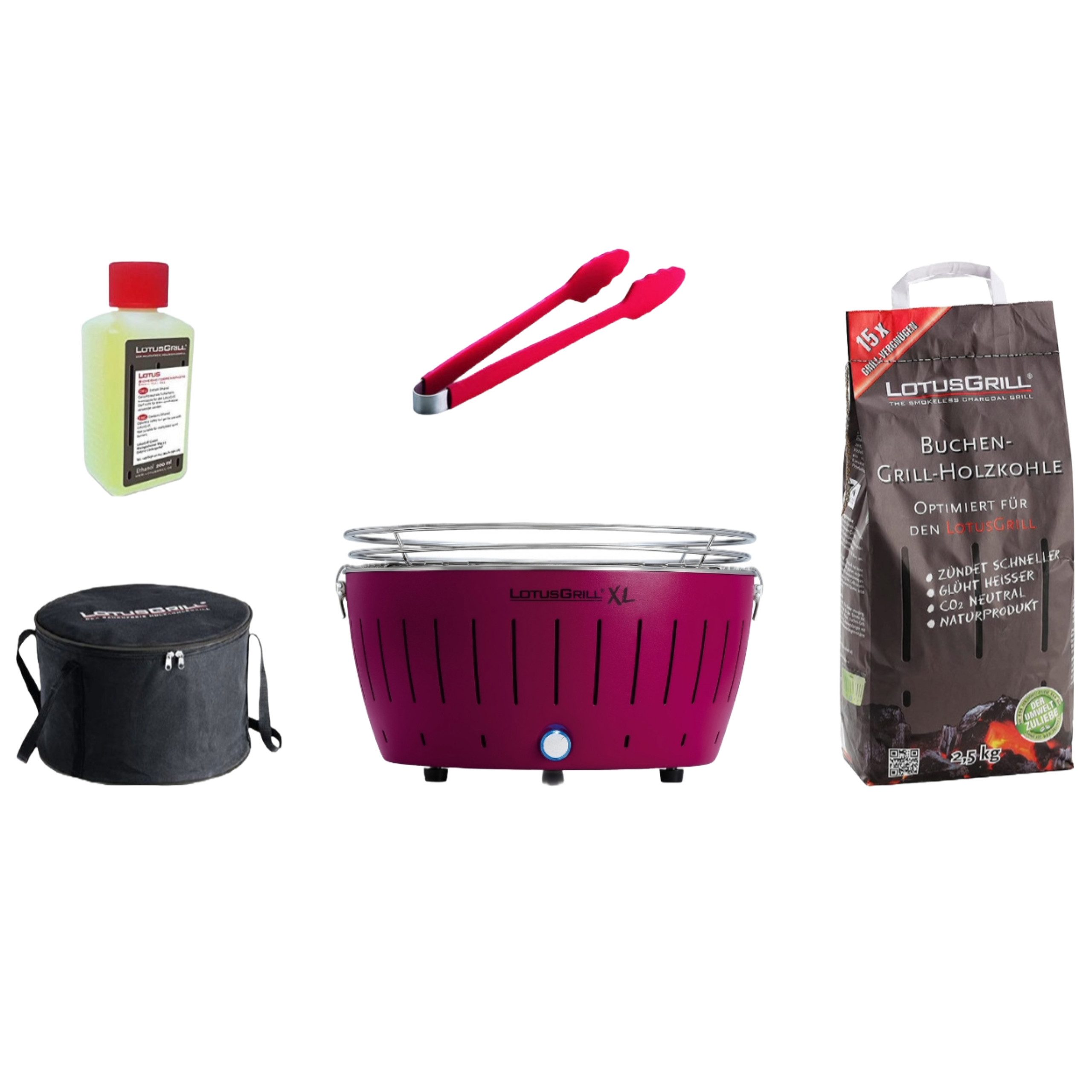 LotusGrill Holzkohlegrill LotusGrill XL Starter-Set 5 tlg XL Grill Pflaumenlila mit USB-Anschluß