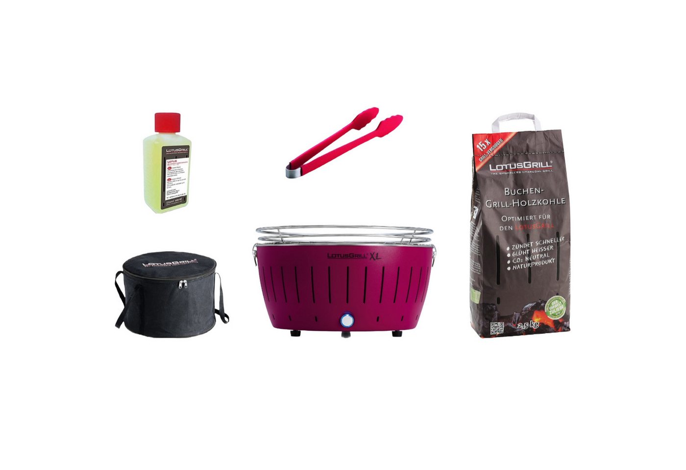 LotusGrill Holzkohlegrill LotusGrill XL Starter-Set 5 tlg XL Grill Pflaumenlila mit USB-Anschluß