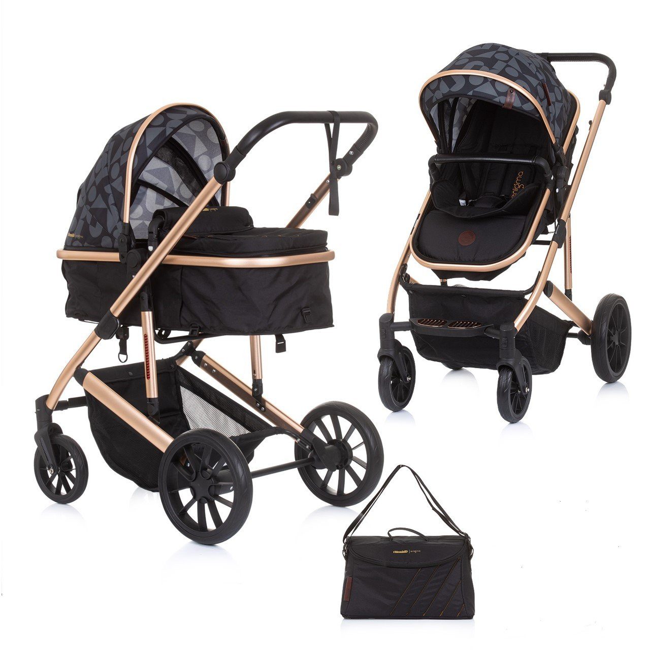 Chipolino Kombi-Kinderwagen Kombikinderwagen 2 in 1 Enigma, Sitz umbaubar, Wickeltasche, bis 22 kg black