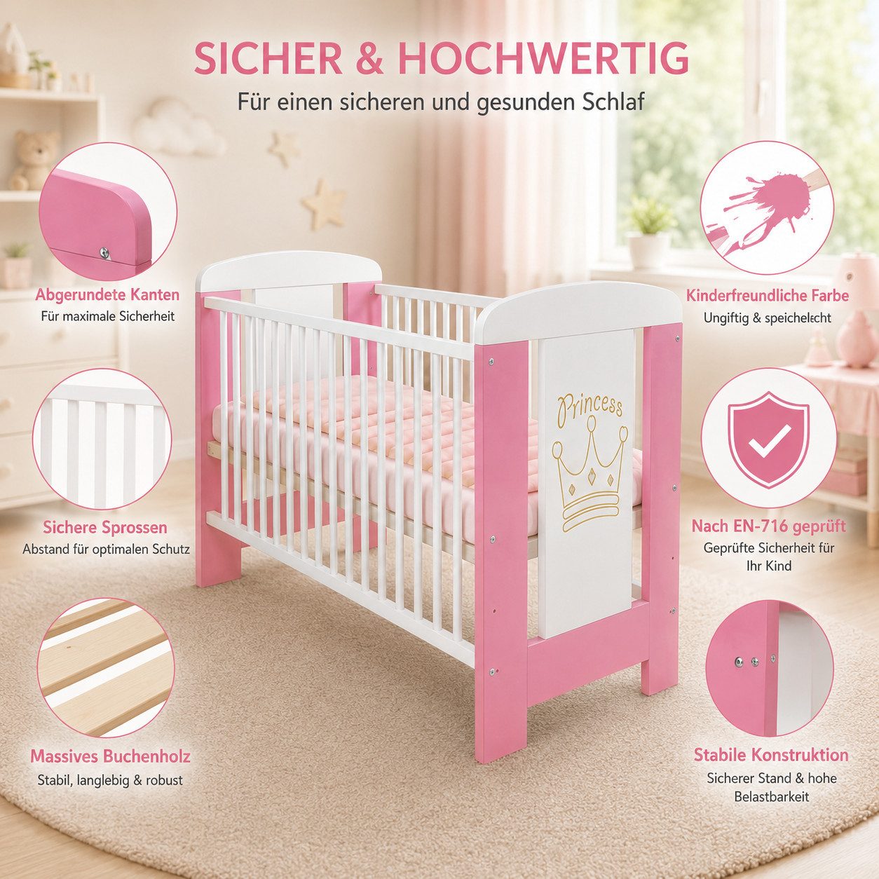 Best for Kids Babybett 120x60cm mit und ohne Matratze, 4-teilig, aus Buchenholz, 1-tlg., Kinderbett, Babybett 60x120 cm mit 3 herausnehmbare Schlupfsprossen