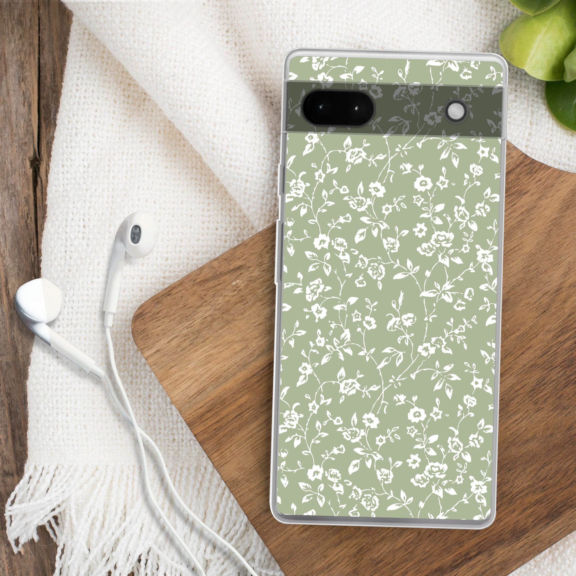 MuchoWow Handyhülle für Google Pixel 6a Blumen - Druck - Grün - Weiß, Phone Case, Silikon, Schutzhülle Dünn