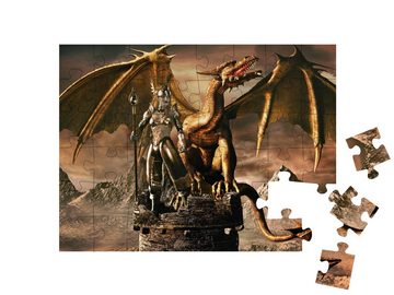 puzzleYOU Puzzle Fantasy-Bild mit Steinturm, Zauberin und Drache, 48 Puzzleteile, puzzleYOU-Kollektionen Fantasy