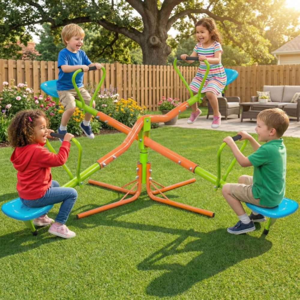 BBG Wippe 4-Sitzer Kinder Wippe Outdoor mit 360° Drehfunktion (Garten-Spielplatz Wippe aus Stahl mit Kunststoffsitzen) Rotierende Spielplatz-Wippe für Kinder ab 3 Jahren,Belastbar bis 200kg