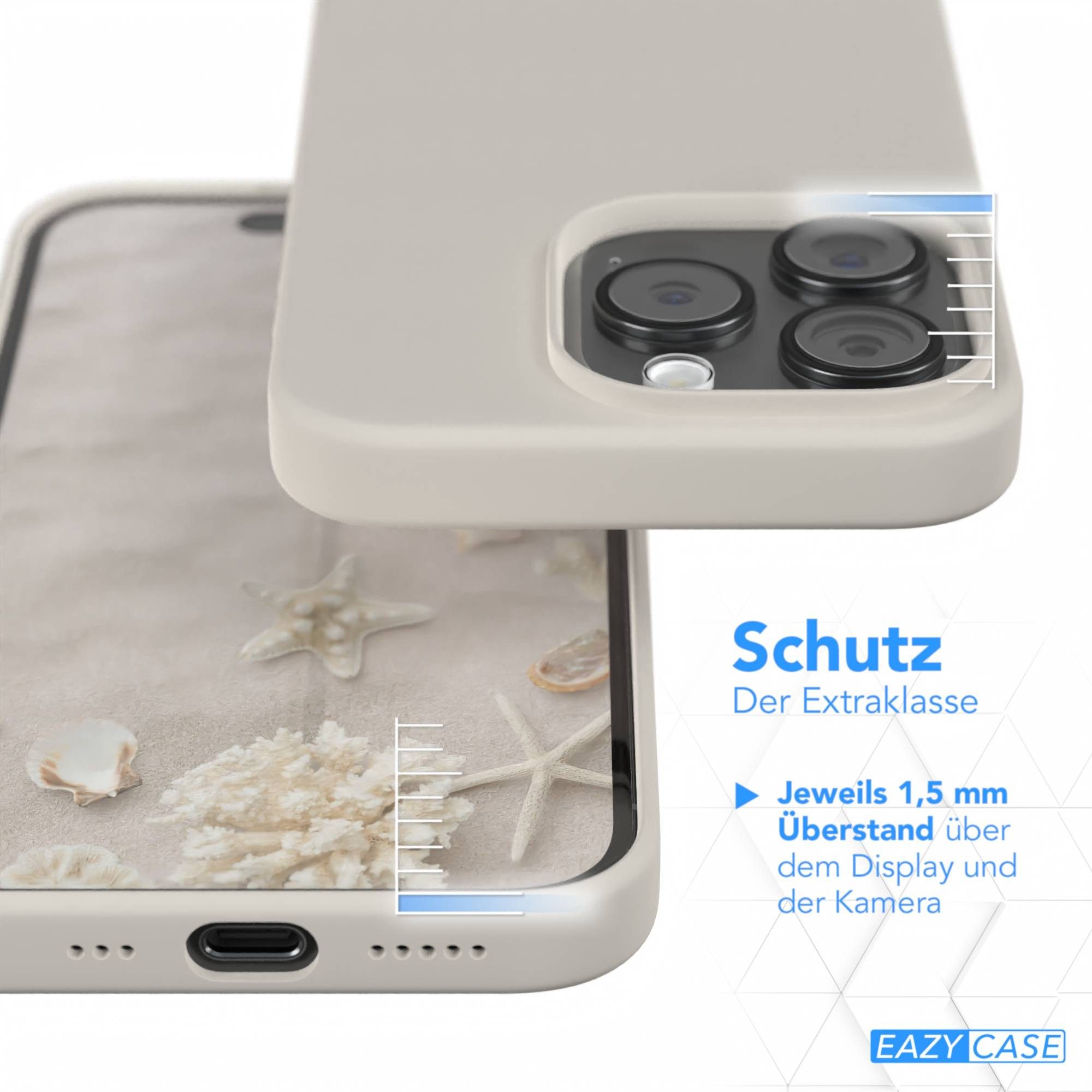 EAZY CASE Handyhülle Premium Silikon Case für Apple iPhone 15 Pro 6,1 Zoll, Hülle Silikon mit Displayschutz Handy Softcase Slimcover Taupe / Beige