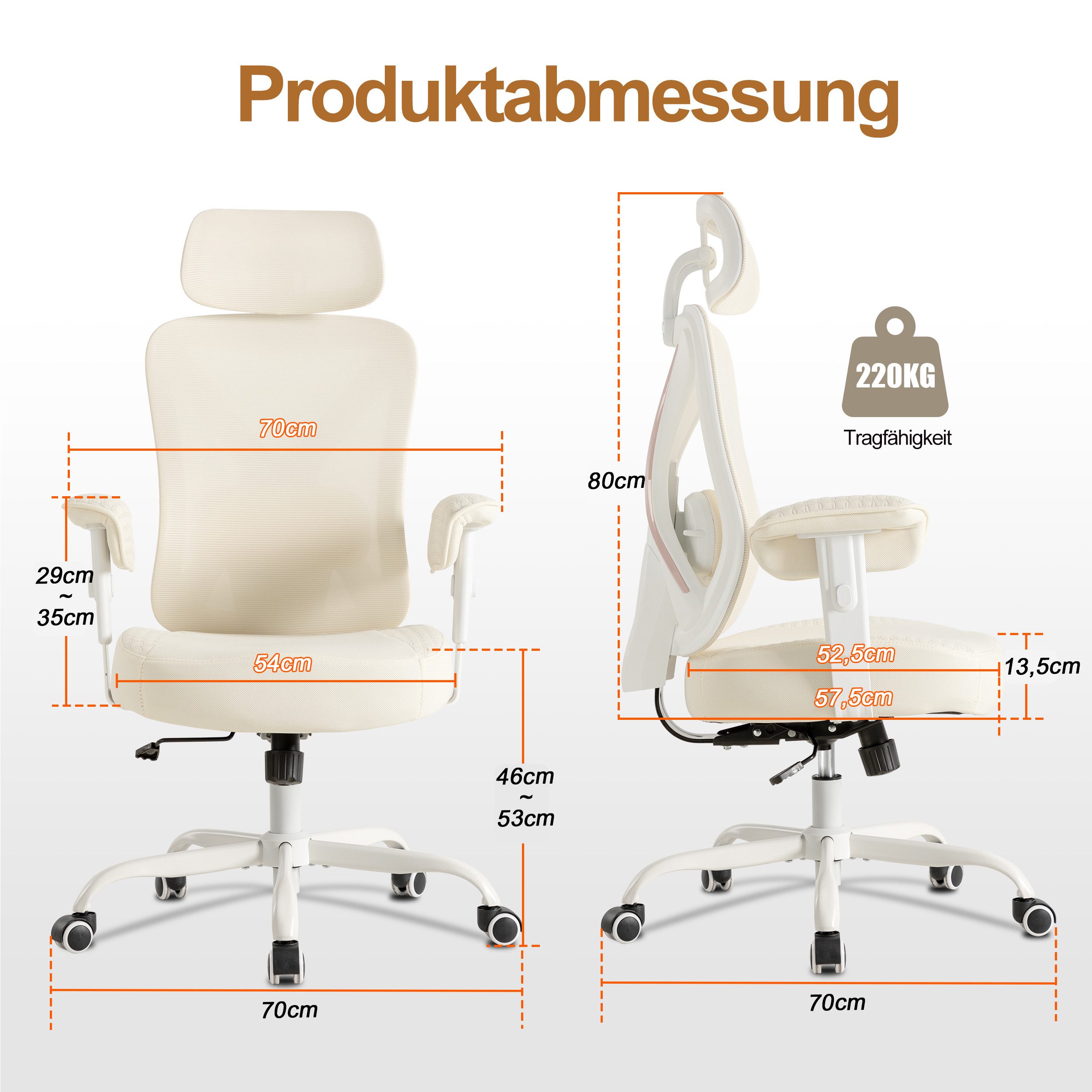 UEV Bürostuhl Ergonomisch bis 220KG Gaming Stuhl Wippfunktion (Schreibstuhl mit Armlehnen und Kopistütze, höhenverstellbarer Arbeitsstuhl, Drehstuhl mit Netzbes – Bild 5 von 5