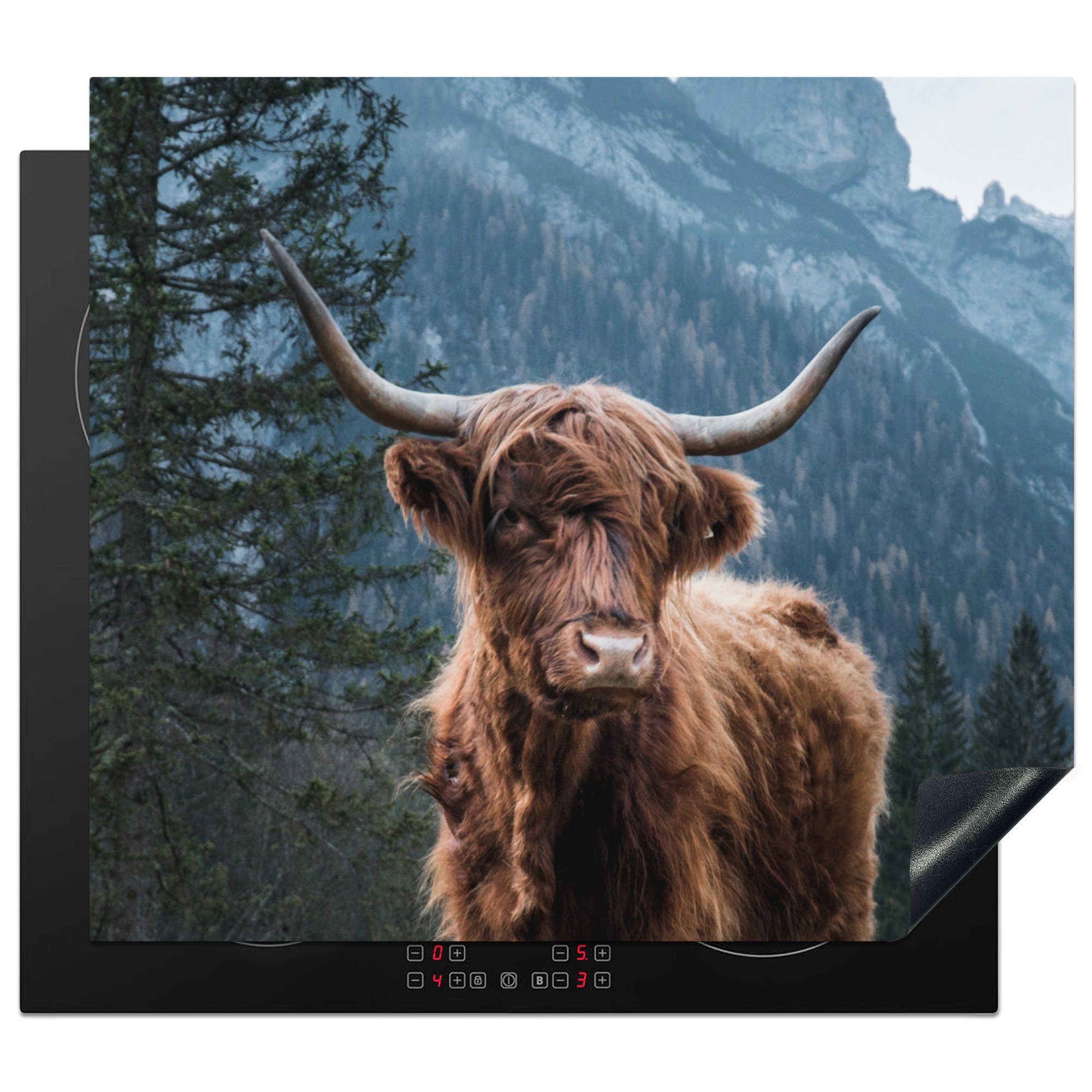MuchoWow Herdblende-/Abdeckplatte Berge - Winter - Schottische Highlander, Vinyl, (1 tlg), 59x52 cm, Ceranfeldabdeckung für die küche, Induktionsmatte