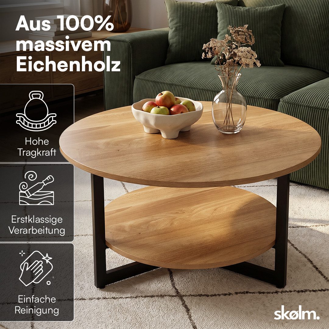 skølm Couchtisch Drakkar aus Massivholz Eiche, Tisch mit Metallgestell (Natur), Wohnzimmertisch Ø70 cm mit 2 Ablageflächen – Bild 2 von 5