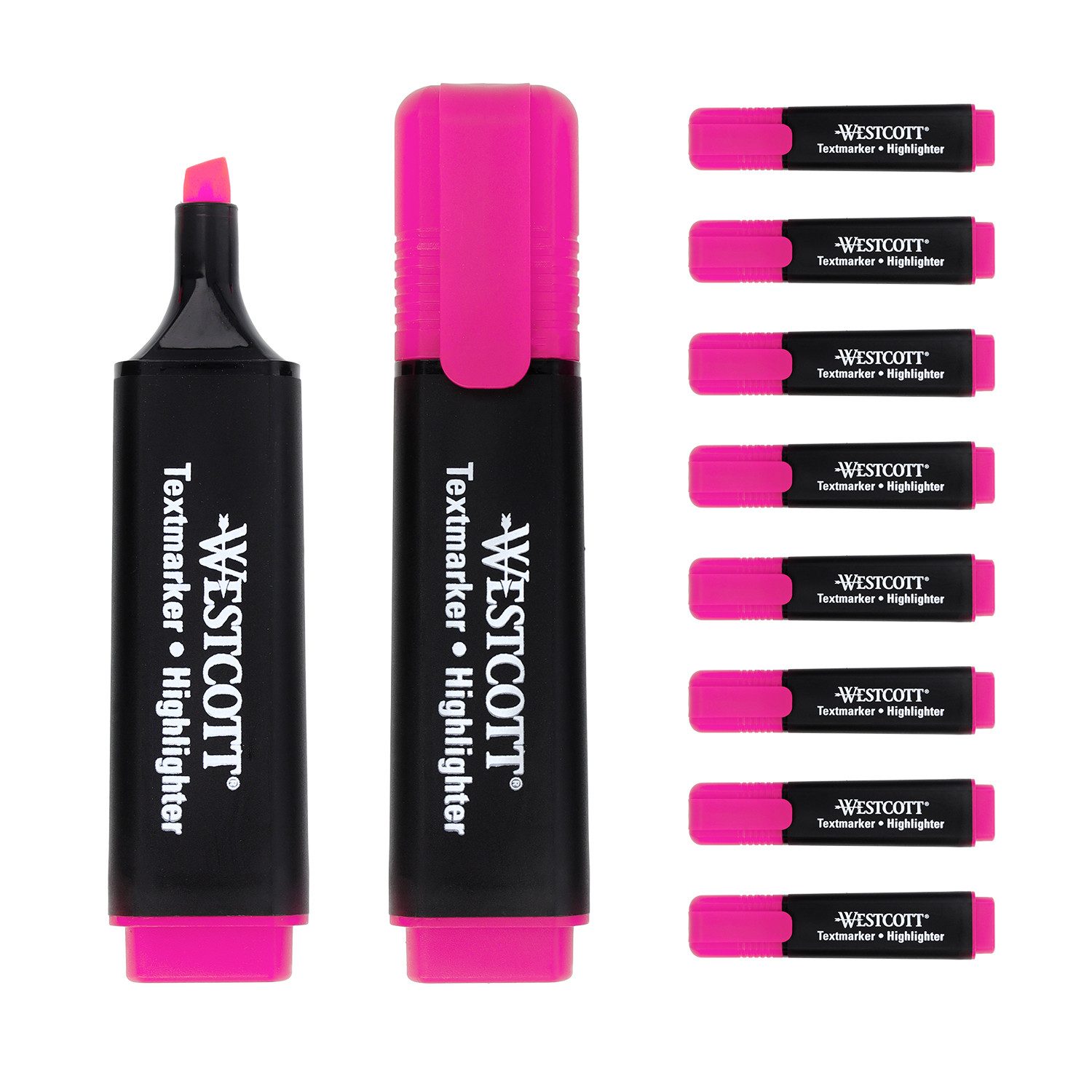 WESTCOTT Marker Textmarker 10 Stück pink, Highlighter in leuchtendem Pink, (Vorteilspack, 10-tlg), 2-5 mm Strichstärke, Premium Tinte aus Deutschland