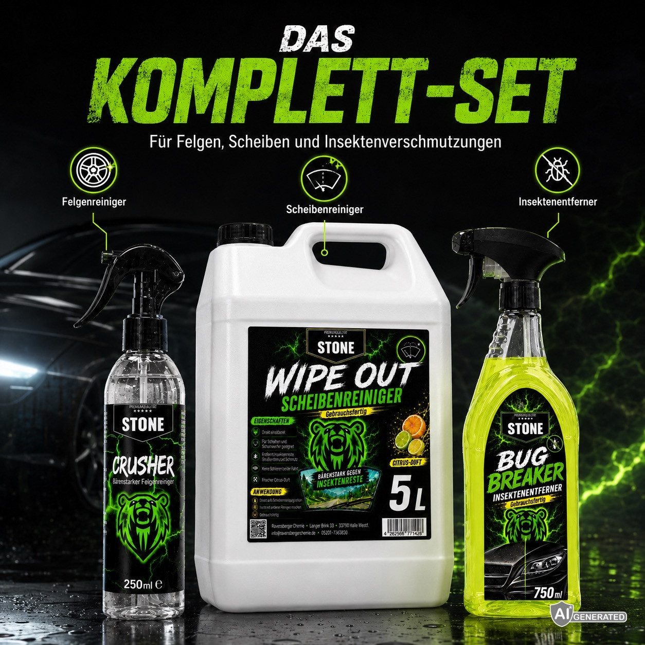 STONE Reinigungs-Set Auto Pflegeset Crusher Wipe Out & Bug Breaker, (AKTIONSPREIS, 3-St., 3-teiliges Autopflege-Set), 250ml Felgenreiniger + 5L Scheibenreiniger + 750ml Insektenentferner