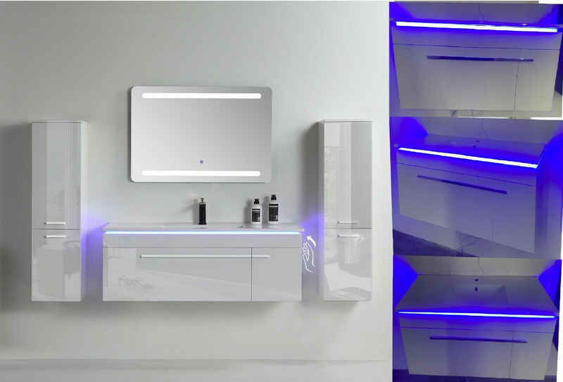 Faizee Möbel Badmöbel-Set Badmöbel set, Weiß komplett 5TLG 90/120 cm, (Komplett-Set, 5-St), LED-Spiegel mit Touch Badmöbel-Set VORMONTIERT Hochglanz lackiert