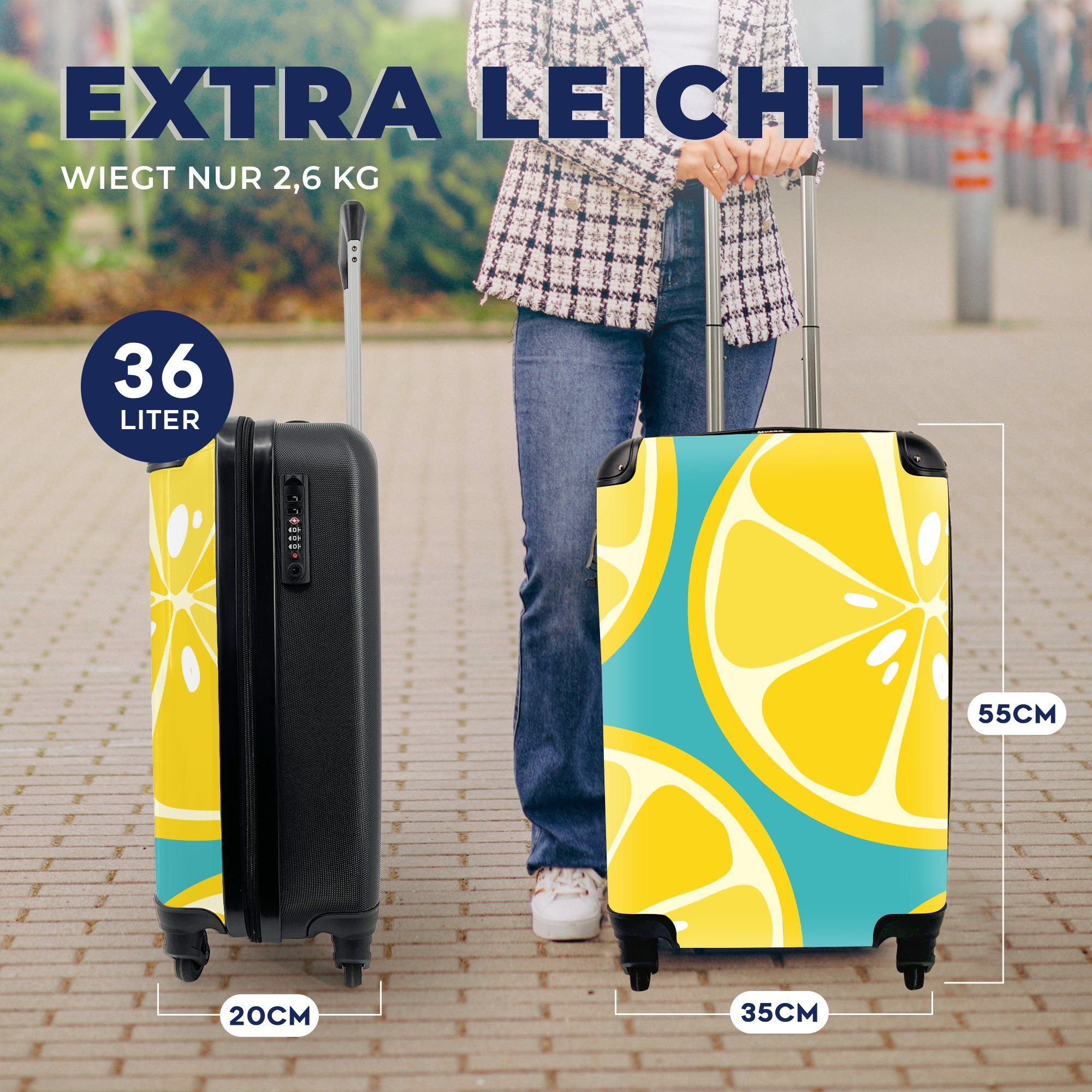 4 rollen, Handgepäck Hintergrund, auf Trolley, Reisetasche Ferien, blauen von mit Zitronen Rollen, Handgepäckkoffer Illustration für einem Reisekoffer MuchoWow