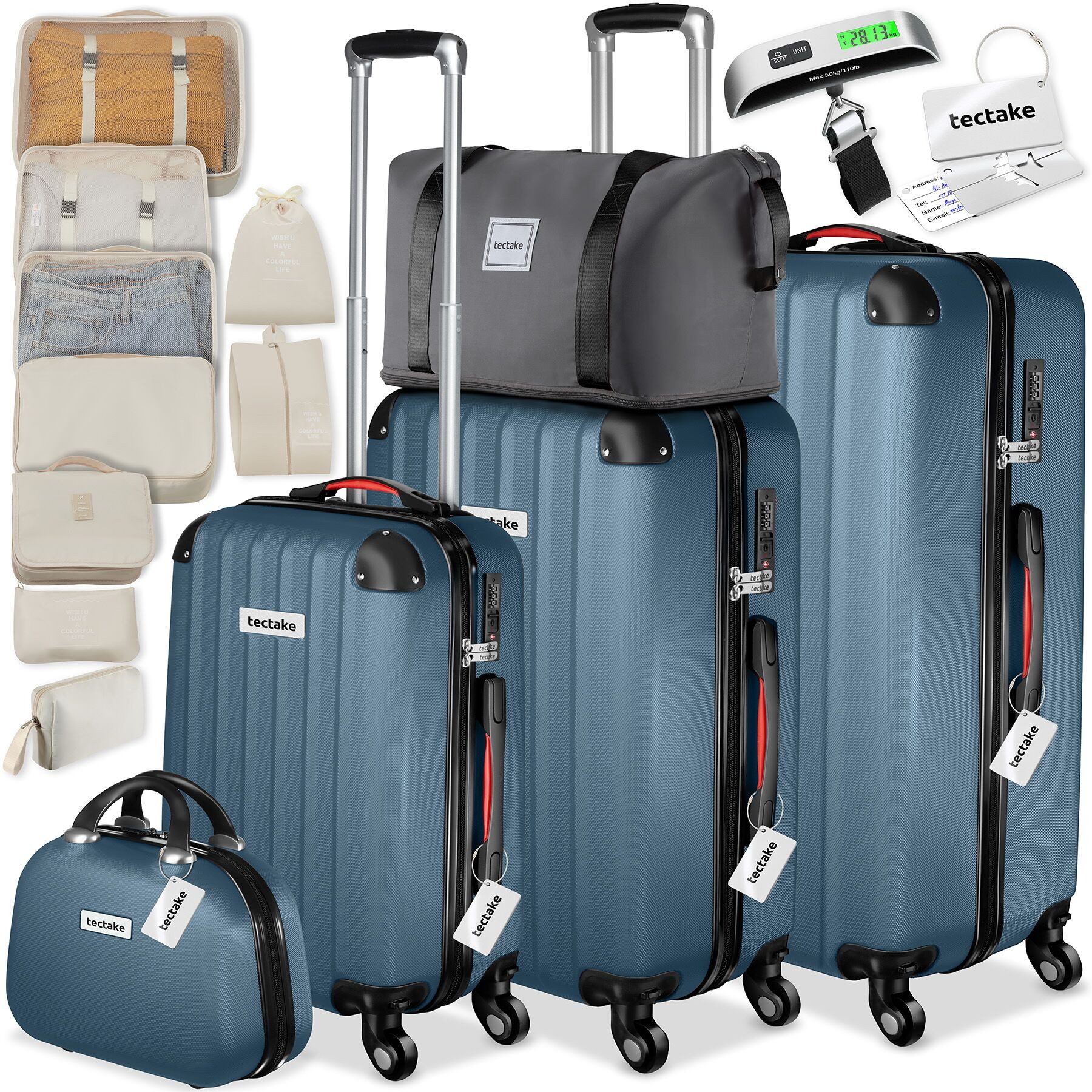tectake Trolley Hartschalenkoffer-Set 19-teilig aus ABS-Kunststoff, Kofferwaage, 4 Rollen, TSA-Schloss, 360° drehbare, abnehmbare Rollen, mit Packwürfelset