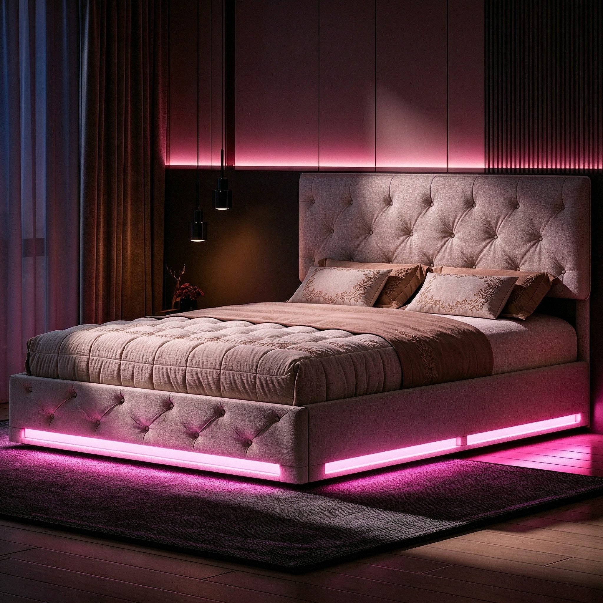 Furnishings Home Polsterbett LED Stauraumbett Doppelbett (Verstellbare Kopfteilhöhe, Hydraulisch hebbarer Stauraum), Mit LED-Beleuchtung, Lattenrost, Leinen, 140x200 cm