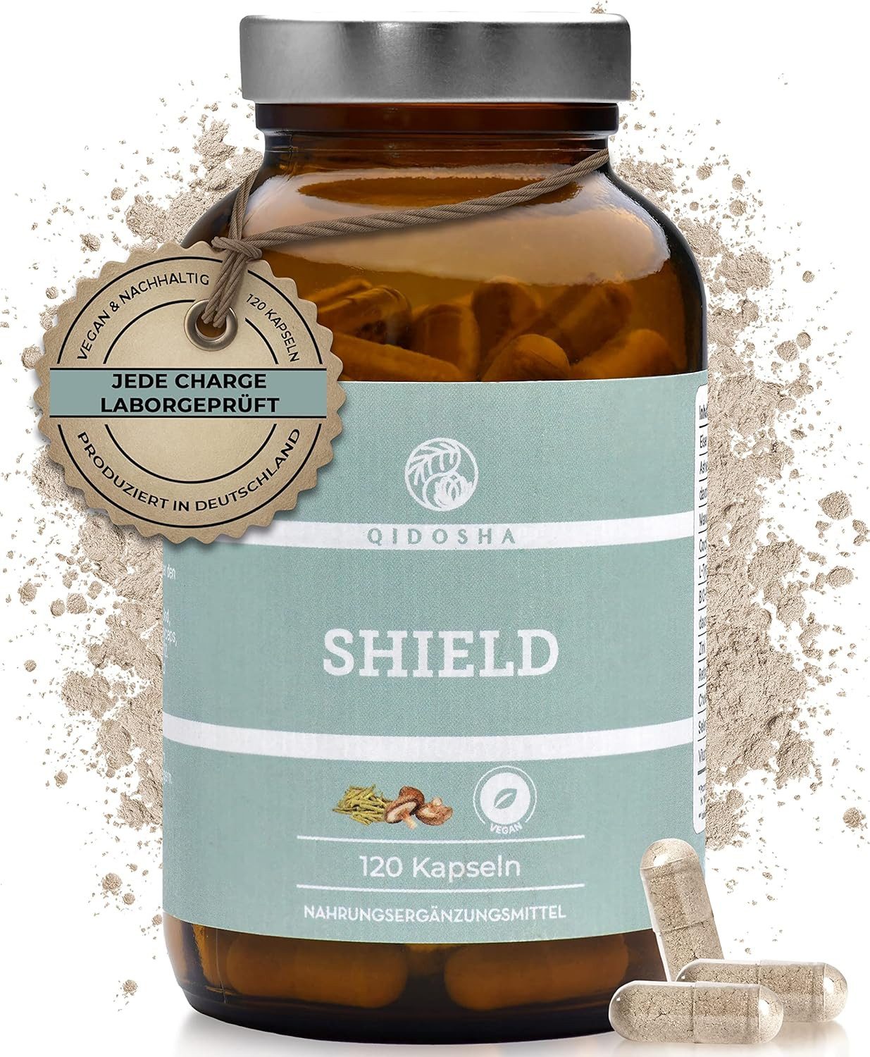 QIDOSHA SHIELD - Jod Selen Komplex für die Schilddrüse Kapseln, plus L-Tyrosin, Eisen, Zink, Ashwagandha, Cordyceps, Agaricus blazei & den Витаминыn A, D3, B12, hochdosiert, natürlich und vegan (Glas, Mit Jod) à 120 St., 92 g
