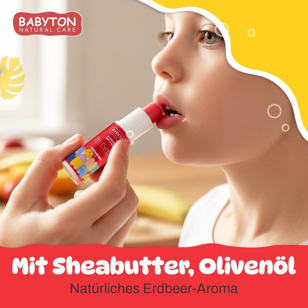 Babyton Lippenbalsam Babyton Kinder Lippenbalsam Erdbeere 5g-Natürlich, Parabenfrei, Sanft