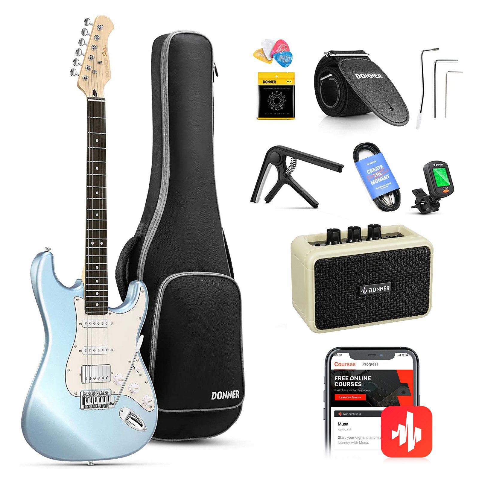 Donner E-Gitarre E-Gitarren Elektro-Akustisch ST E Гітари Set volle Größe, Perforiertes, Festkörper,TC-Stil