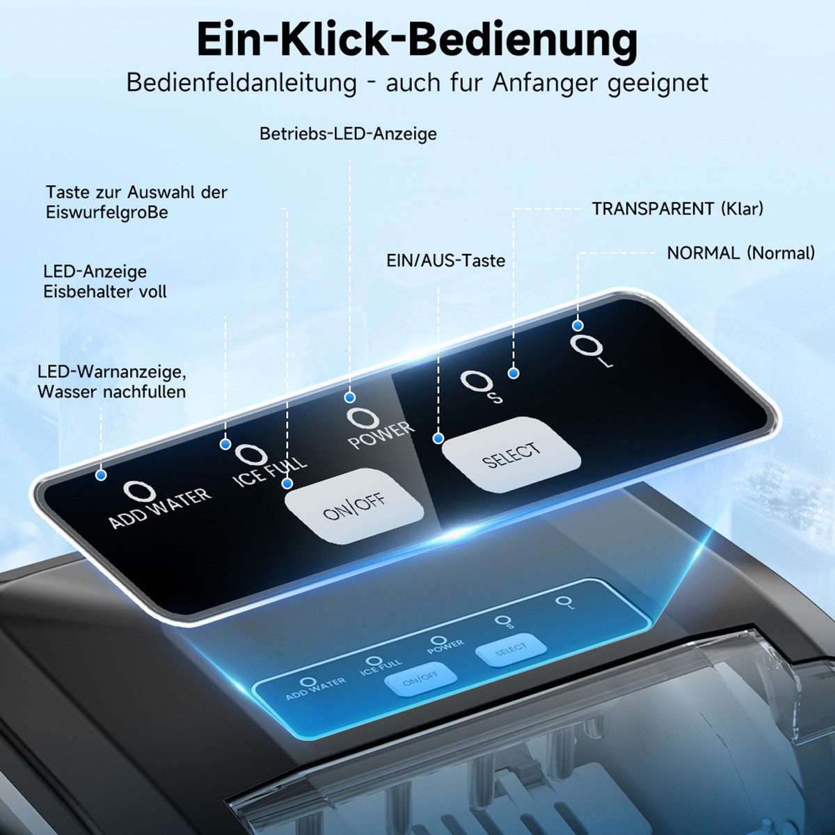 Pdgrid Eiswürfelmaschine 1.3L Edelstahl ice maker Eiswürfel in 6 Minuten geräuscharm, mit Selbstreinigung ,2 Größen/15 kg/24 H,LED-Anzeige,für Küche,Büro – Bild 5 von 5