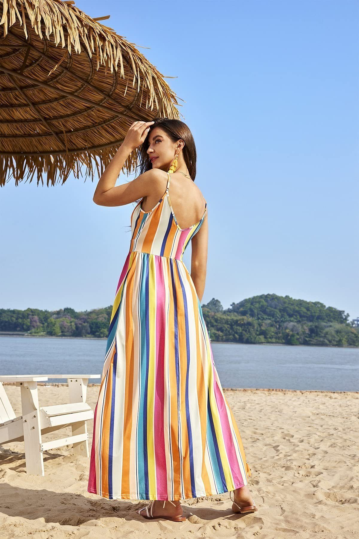 G4Free Sommerkleid ärmellos, Maxikleider für Strandkleid Taschen Modell-1 mit OTGFOE442 V-Ausschnitt, lange Sommerkleid, Damen