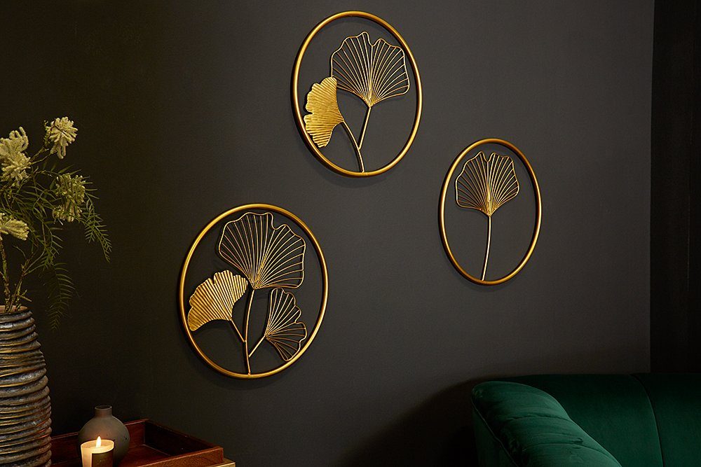 riess-ambiente Wanddekoobjekt GINKGO 40cm gold (Set, 3 St), Metall · Wohnzimmer · Asiatisch · Schlafzimmer | Wandobjekte