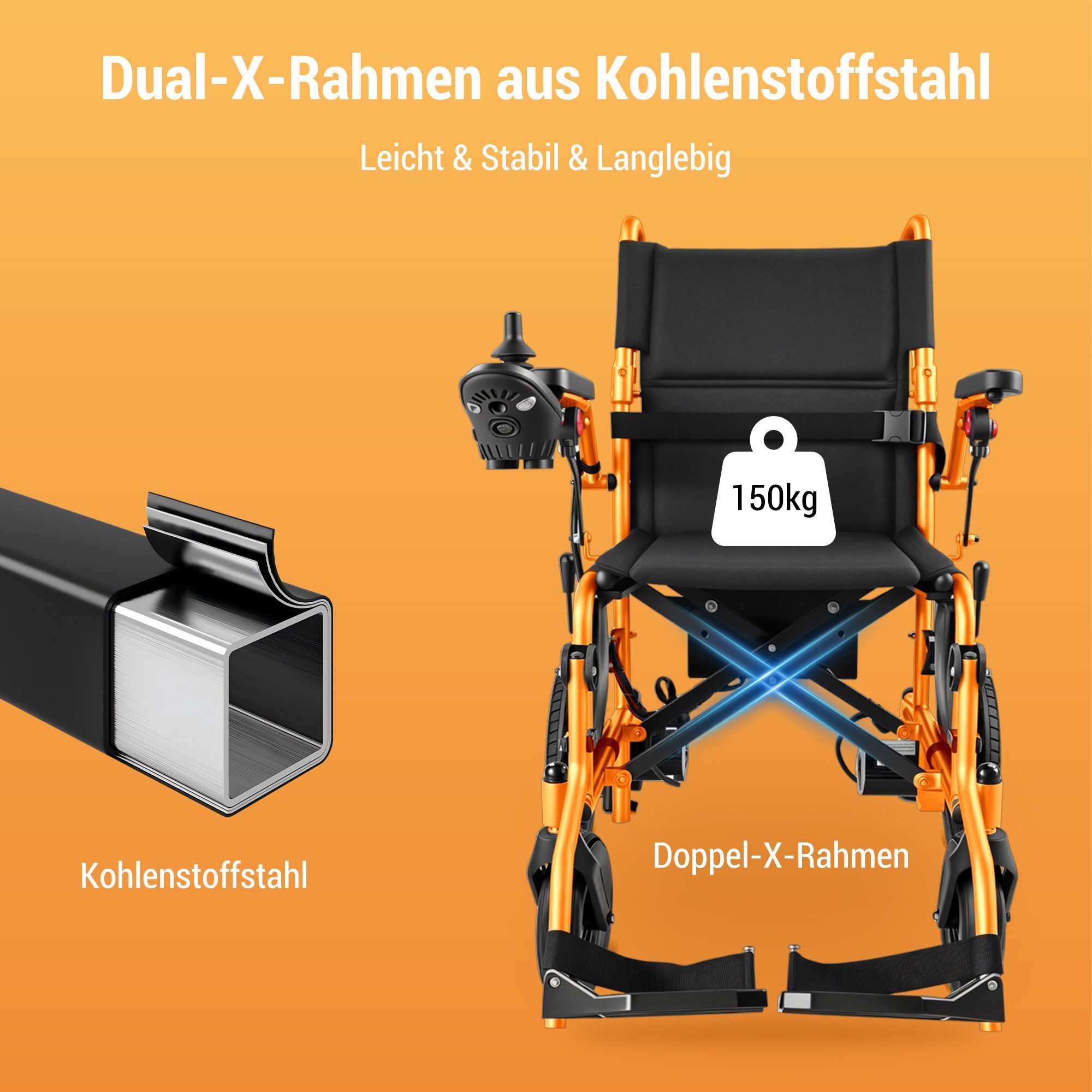 Vankel Elektrorollstuhl klappbar leicht elektr. Rollstuhl 500W, max.24 km max.150 kg, mit 360°-Joystick, 12° Steigfähigkeit & Anti-Kipp-Rädern