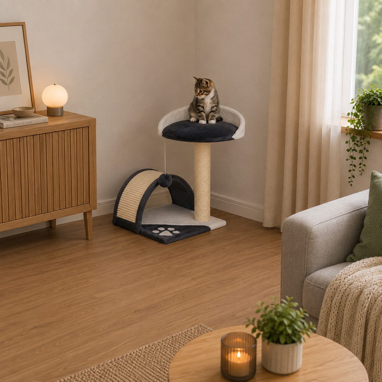 belviona Kratzbaum, platzsparender Katzenkratzbaum mit Ruheplattform, grau/weiß, mit Sisal-Kratzflächen & Spielzeug, kompakt für Katzen jeden Alters