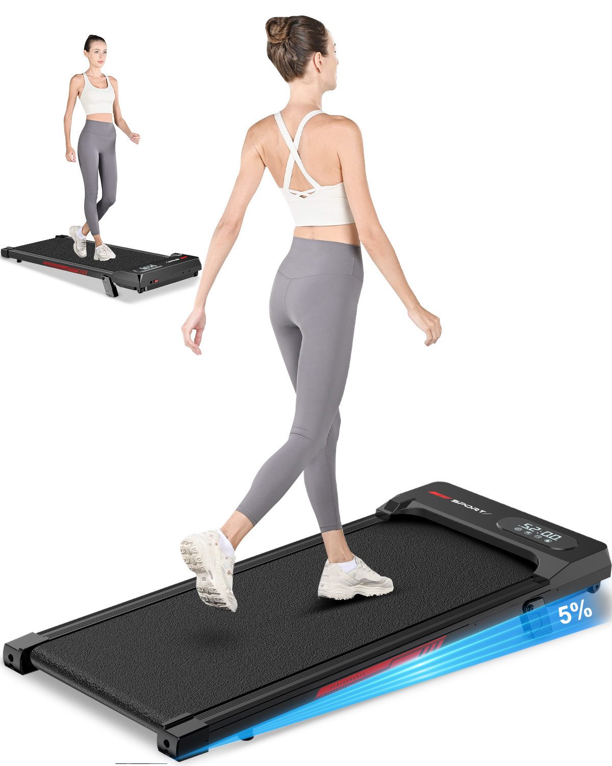 Dskeuzeew Laufband Klappbare Laufbänder 4 in 1 - Laufband mit 5% Steigung (1-8 km/h - LED-Anzeige - Noise<45db, Lauffläche 95 x 38,5 cm), Elektrisches 2.5PS Laufgerät für Zuhause bis 120KG