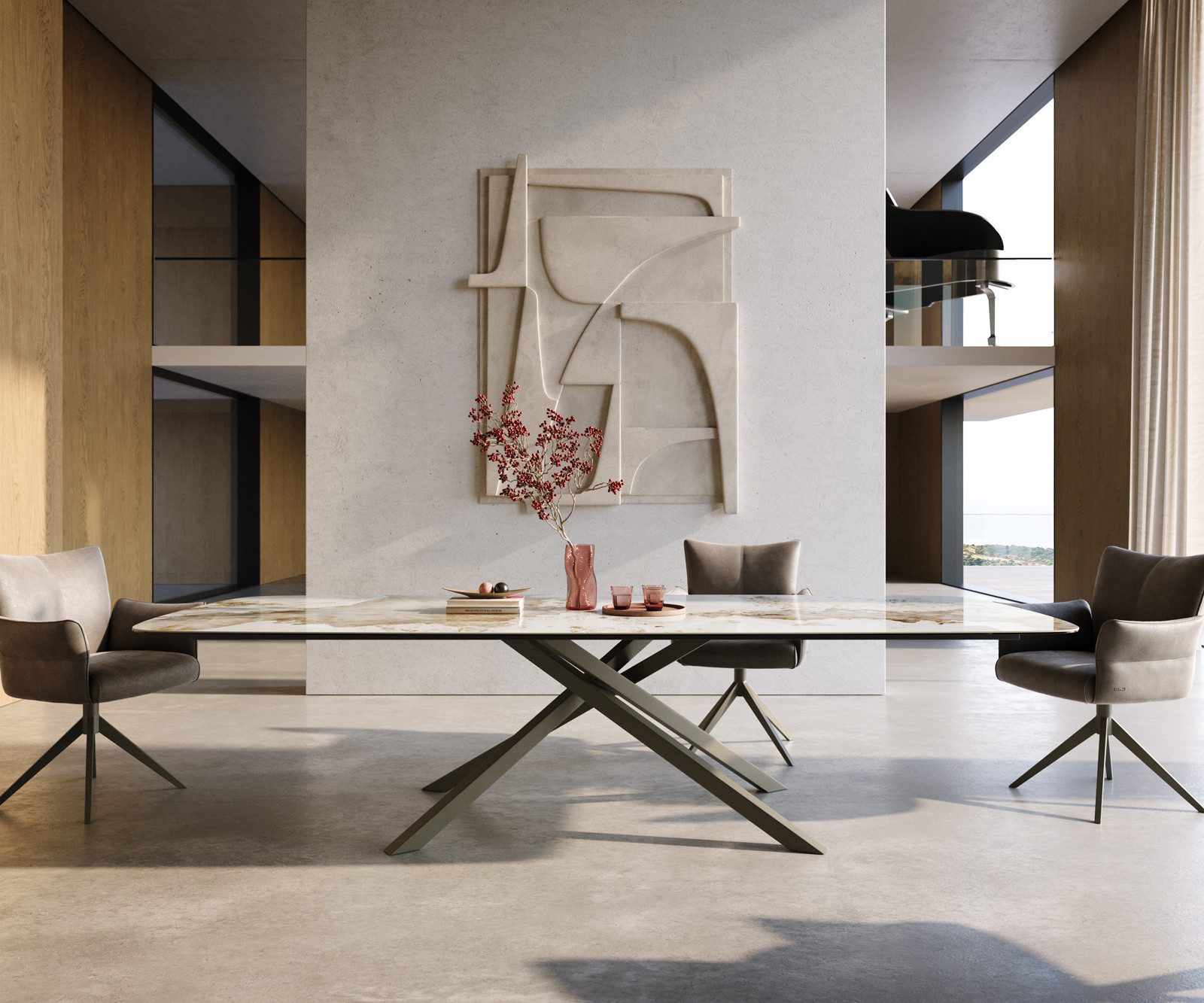 DELIFE Esstisch Edge, Boot 300x120 cm Keramik Minas Melange Weiß-Beige Kreuzgestell Rechteck