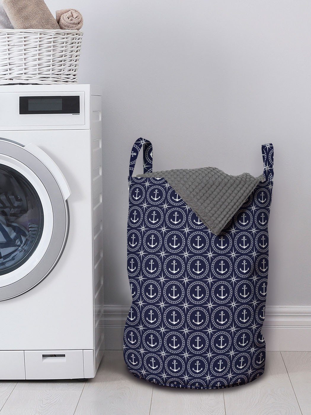 Abakuhaus Wäschesäckchen Wäschekorb mit Griffen für blau Navy Kordelzugverschluss Waschsalons, und Windrose Seil