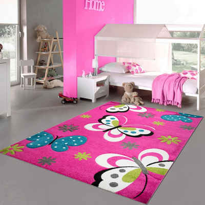 Kinderteppich Lebhafter Schmetterling-Teppich für Kinderzimmer in pink, Teppich-Traum, rechteckig, Höhe: 13 mm