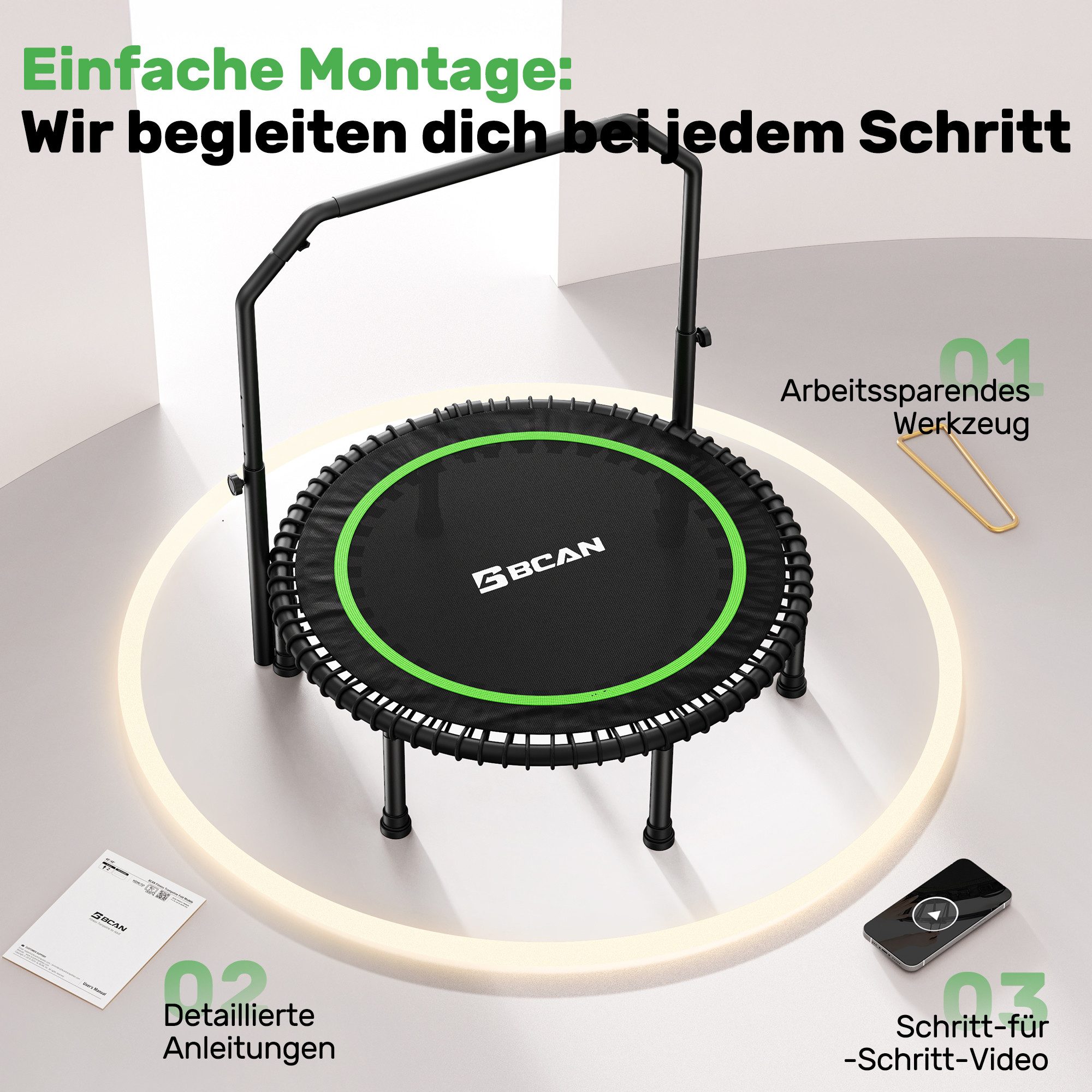 BCAN Fitnesstrampolin Rebounder-Trampolin Erwachsene, 102/122cm 204/250kg, Ø 102 cm, (1 tlg), Bungee-Seilen Verstellbarer Griff Indoor&Outdoor