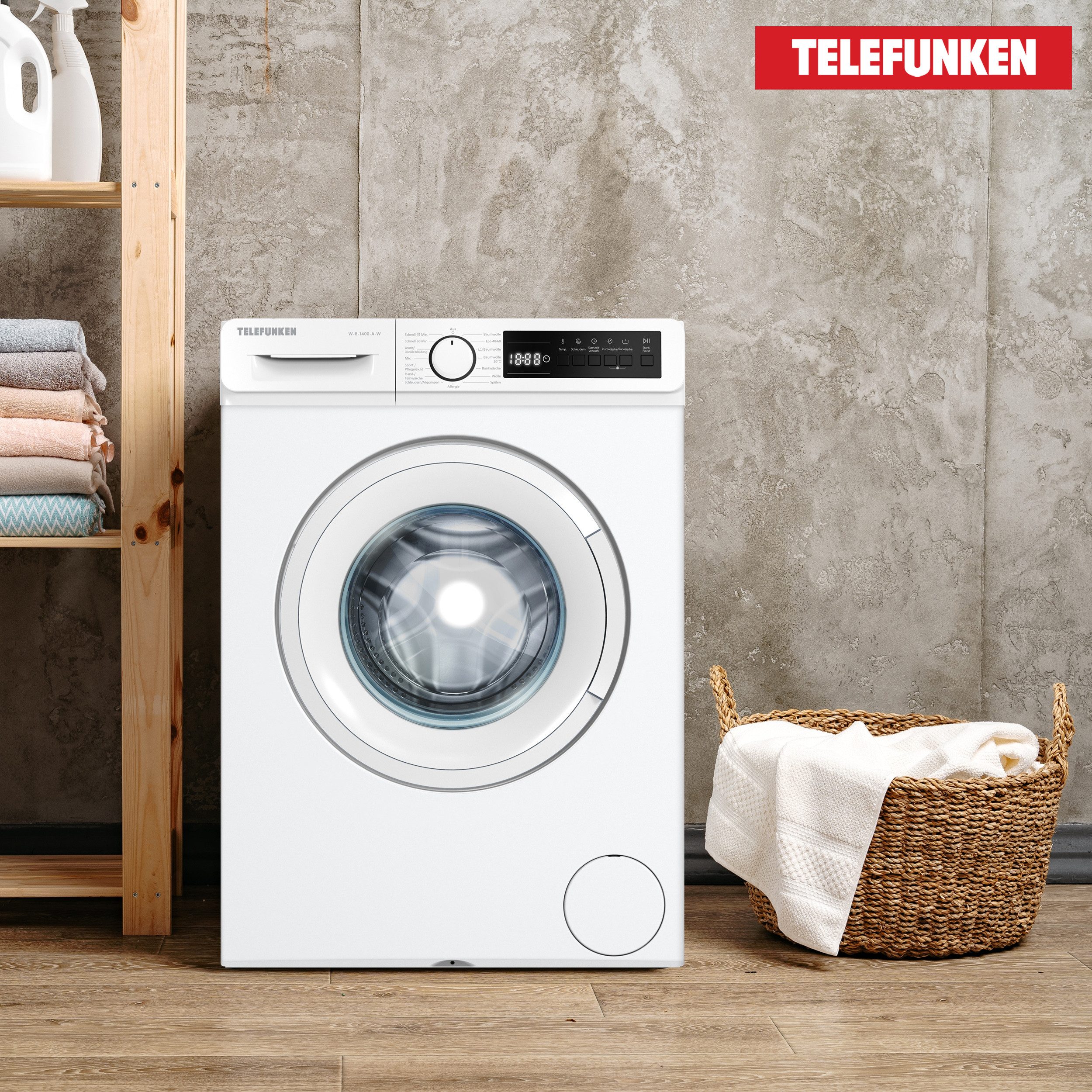 Telefunken Waschmaschine W-8-1400-A-W, 8 kg, 1400 U/min, AquaStop, Inverter Motor, Schontrommel, 8kg, Leise & Effizient, weiß