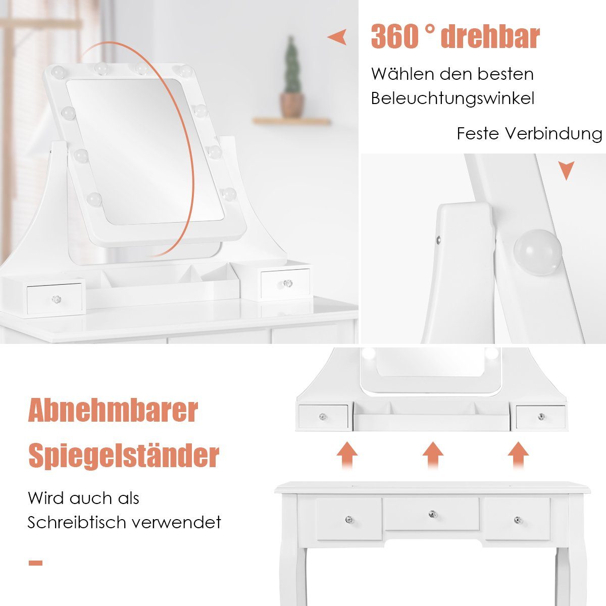 COSTWAY Schminktisch, drehbarer Spiegel, LED, abnehmbarer Oberteil, Hocker