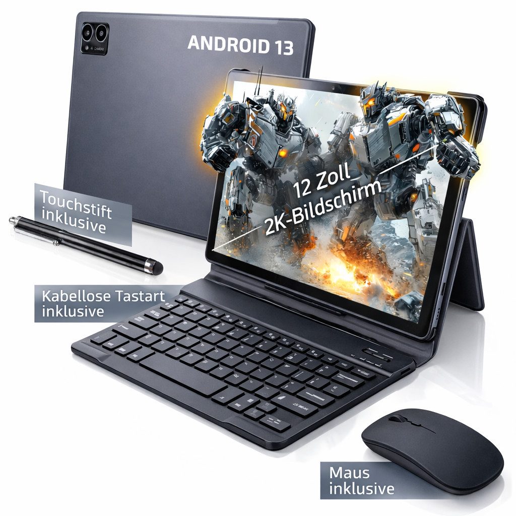 Goldstern-Tech Pro-Max-Set Tablet (12", 128 GB, Android 13, 12-Zoll-2K-Display, Octa-Core, 128 GB, 8000 mAh Akku, mit Tastatur)