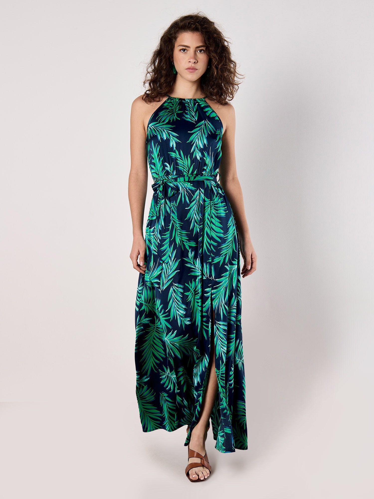 Apricot Maxikleid Blätterdruck Kleid mit Bindegürtel günstig online kaufen