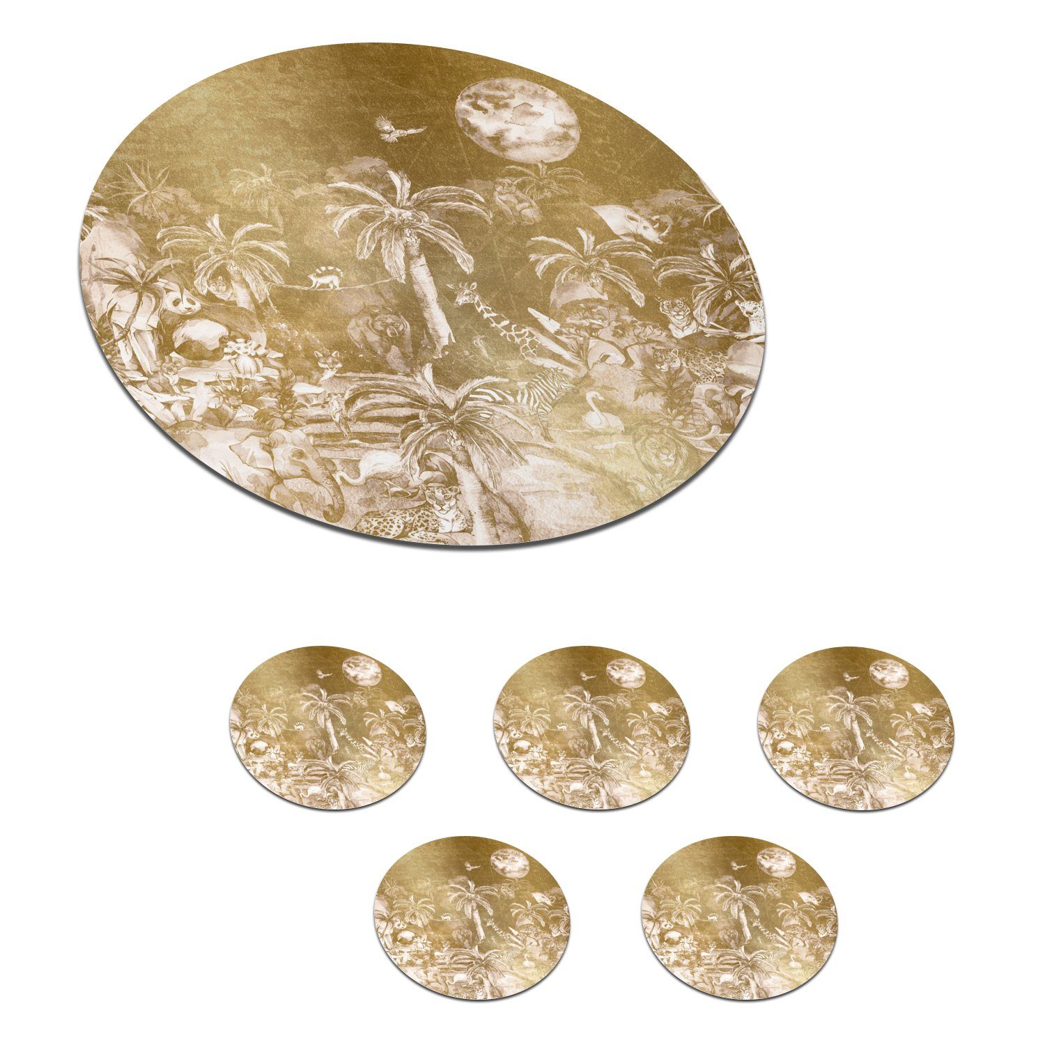 MuchoWow Glasuntersetzer Dschungel - Gold - Kinder - Pflanzen - Tiere, Zubehör für Gläser, 6-tlg., Getränkeuntersetzer, Rund, Tassenuntersetzer Kork, 10x10 cm