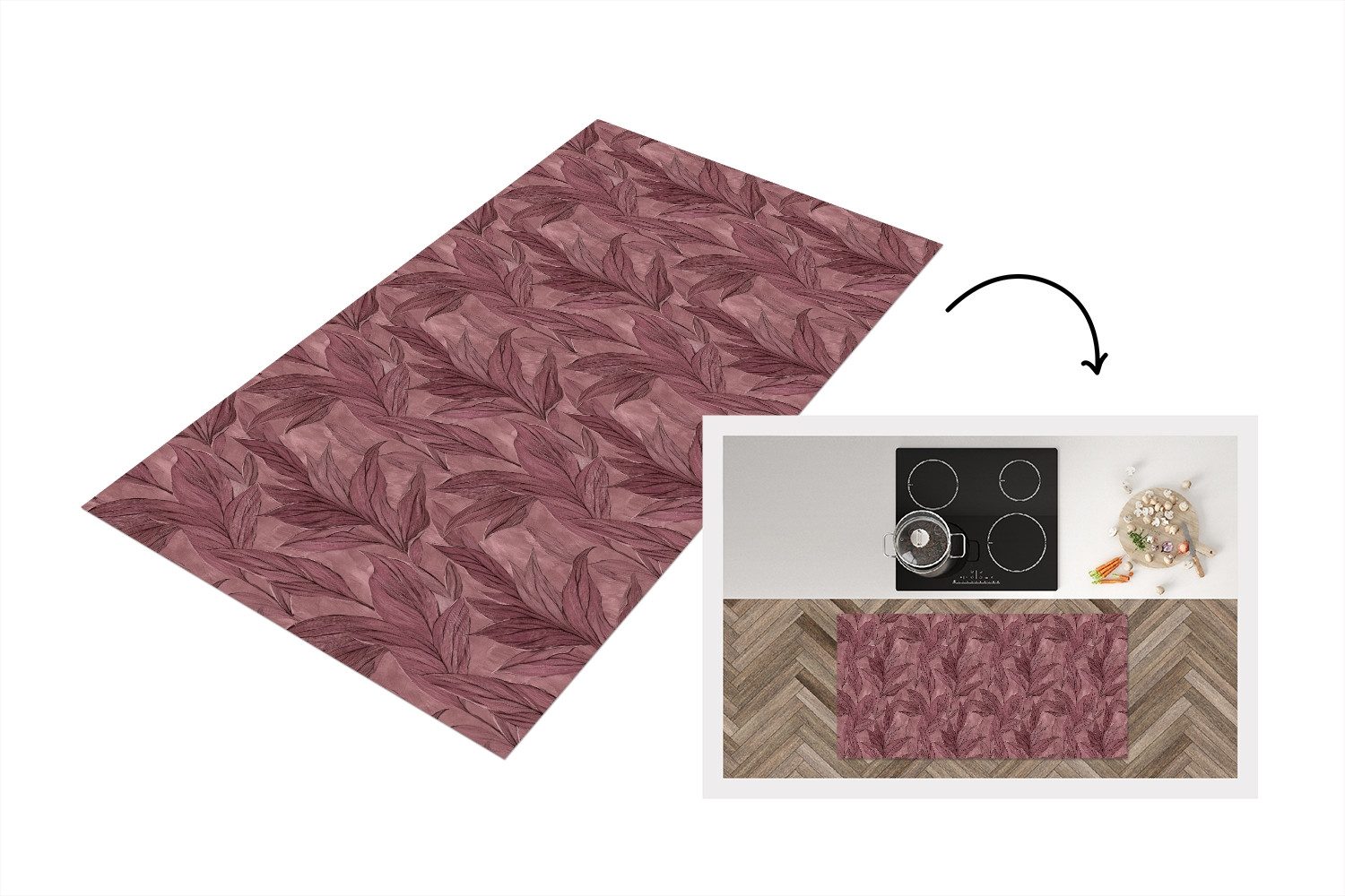 MuchoWow Küchenläufer Blätter - Muster - Lila, aus Kunststoff, Küchenteppich, Läufer für Flur, Rutschfest, Deko Küche, 120x60 cm