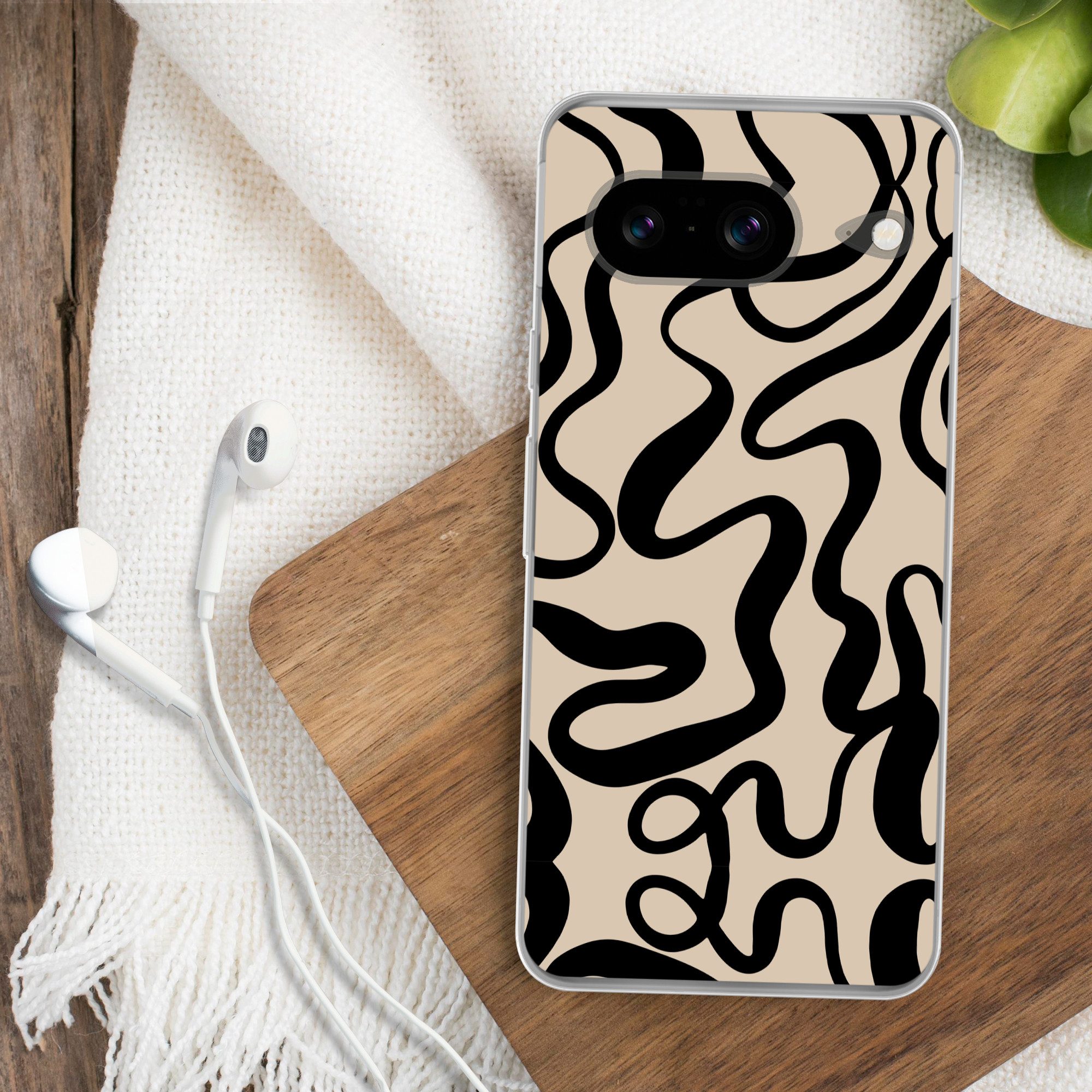 MuchoWow Handyhülle für Google Pixel 8 Linien - Schwarz - Beige - Abstrakt - Minimalistisc, Handy Case, Silikon, Bumper Case Dünn