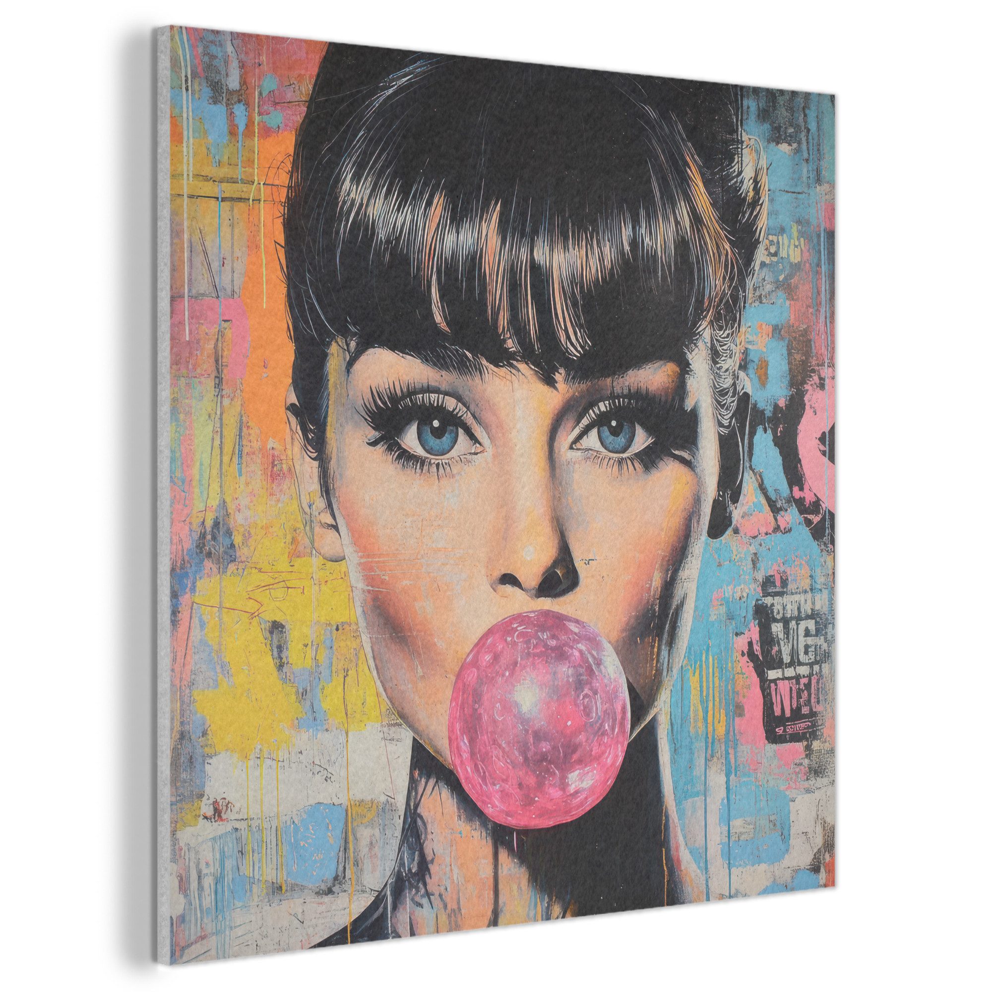 MuchoWow Gemälde Kaugummi - Frau - Pinselstriche - Modern, Fotodruck (1 St), Akustikbilder PET-Filz, Wandpaneele, Akustikpaneele 40x40 cm