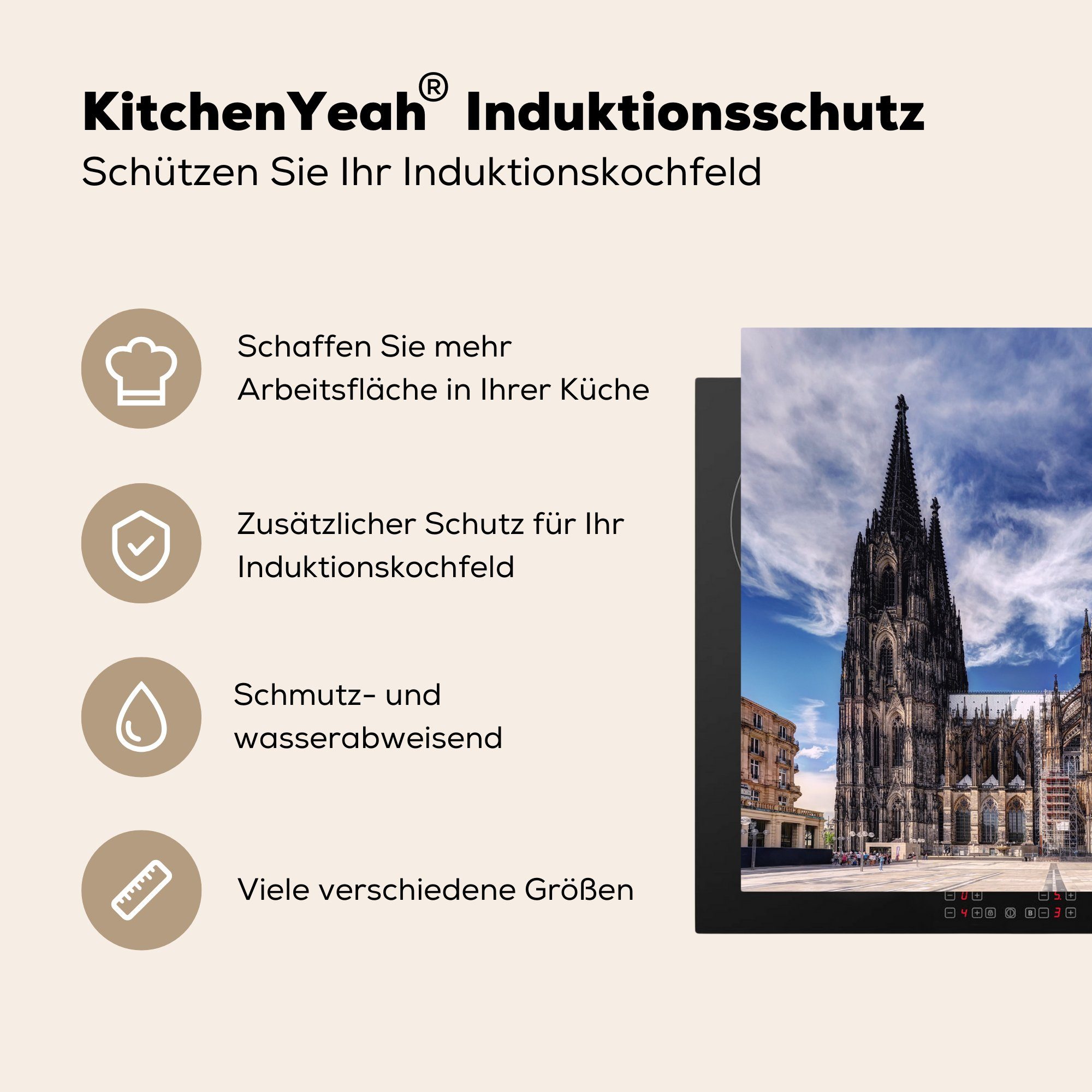 MuchoWow Herdblende-/Abdeckplatte Köln Ceranfeldabdeckung, Deutschland Dom, Arbeitsplatte Vinyl, - tlg), 78x78 für küche cm, - (1