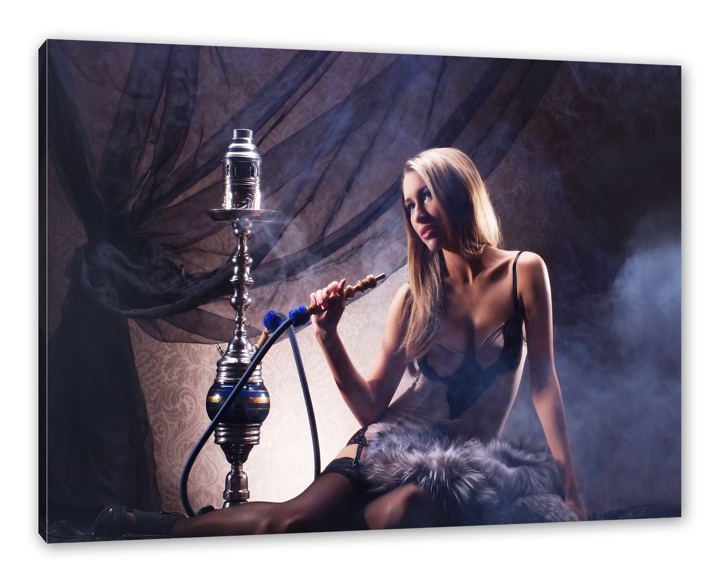Pixxprint Leinwandbild Schöne Frau mit Shisha, Schöne Frau mit Shisha (1 St), Leinwandbild fertig bespannt, inkl. Zackenaufhänger