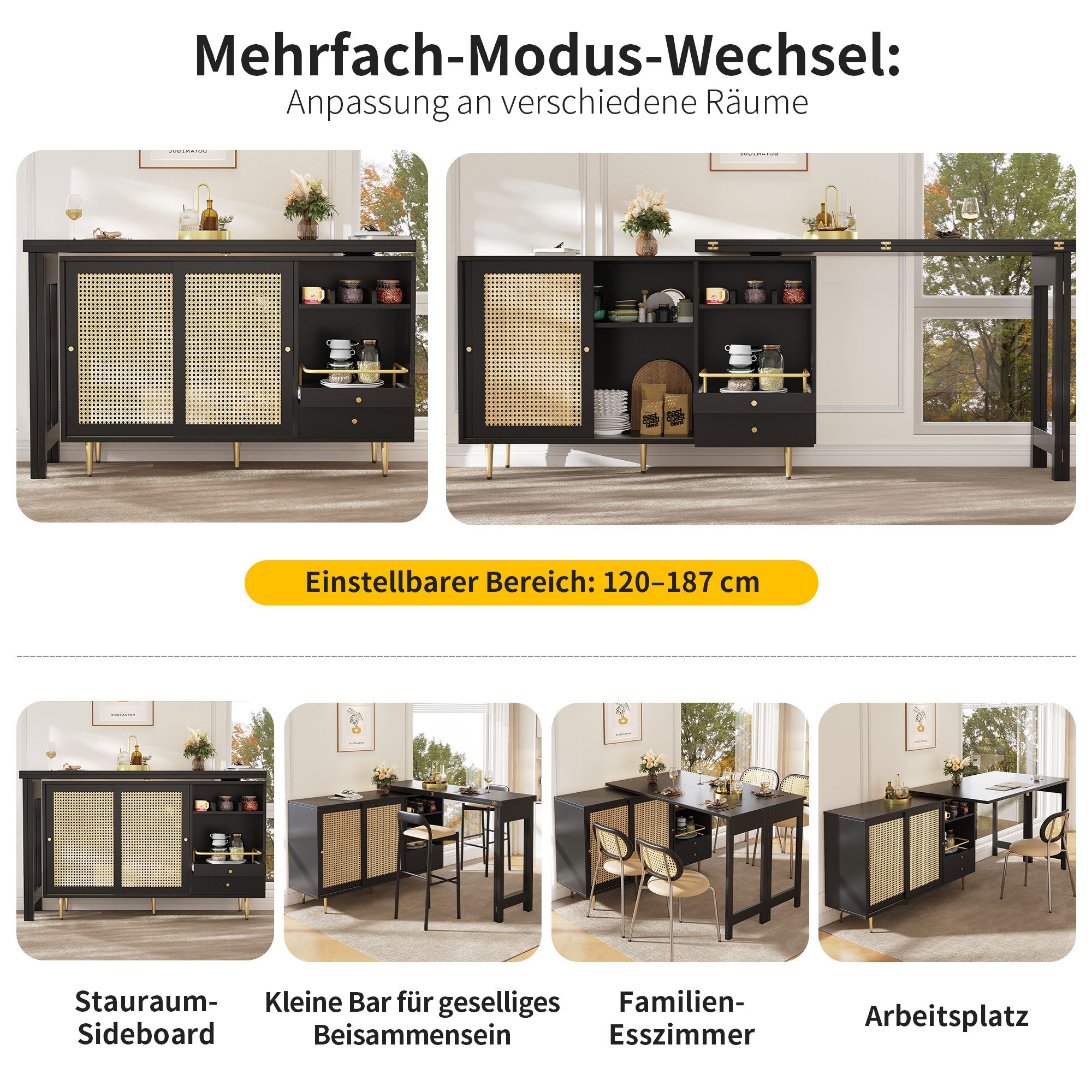 STILVORA Bartisch mit Tischplatte ausziehbar,Beistellschrank Küchenschrank 360° drehbar (Stehtisch Bistrotisch, Ausziehbarer Esstisch, 2 Rattantür, 2 Schubladen und offenes Lagerregal), mit erweiterbarem Stehtisch