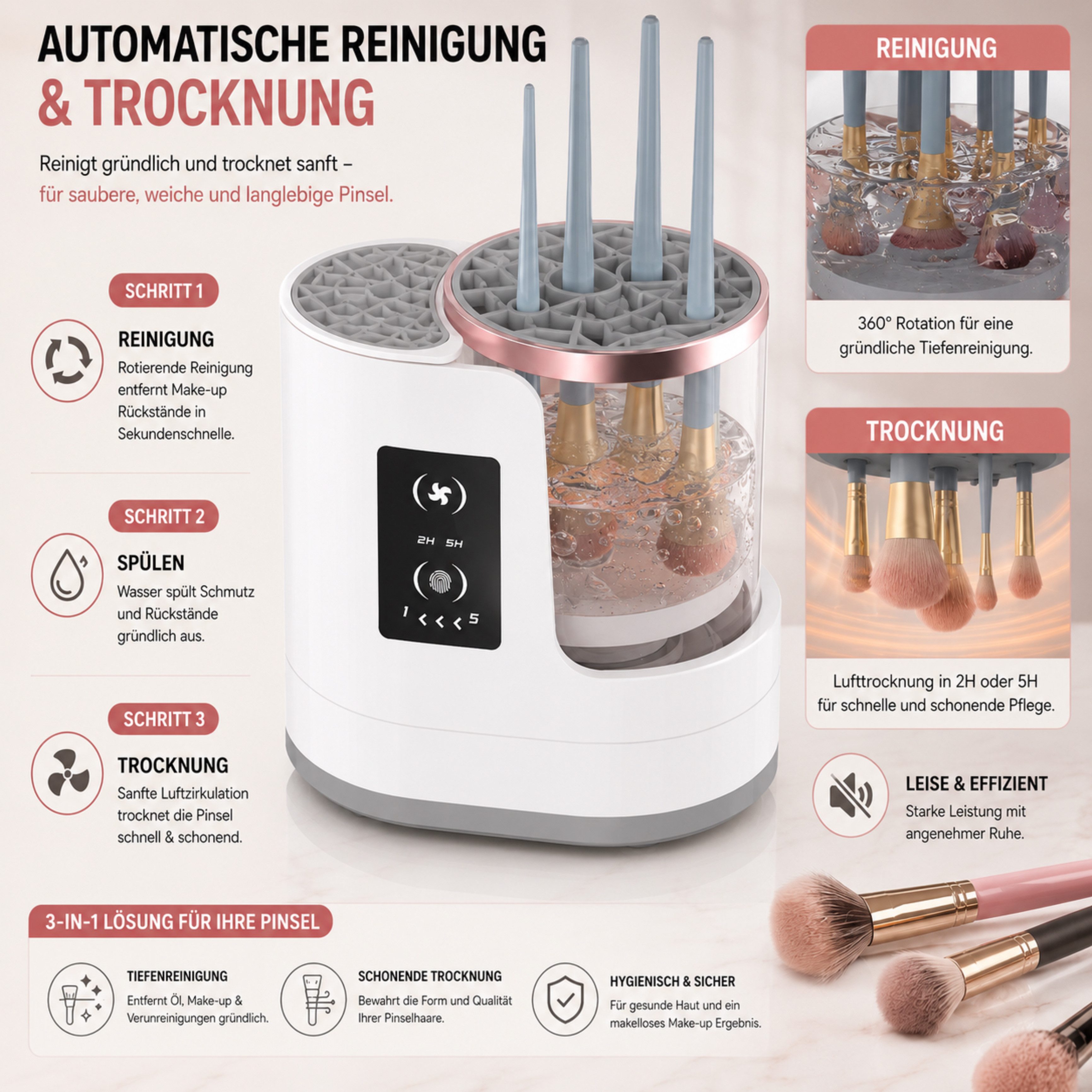 Lalano`S Cosmetics Kosmetikpinsel-Set LUMIBRUSH 3-in-1 Pinselreiniger & Trockner, Automatische Reinigung & Trocknung für hygienische Pinsel